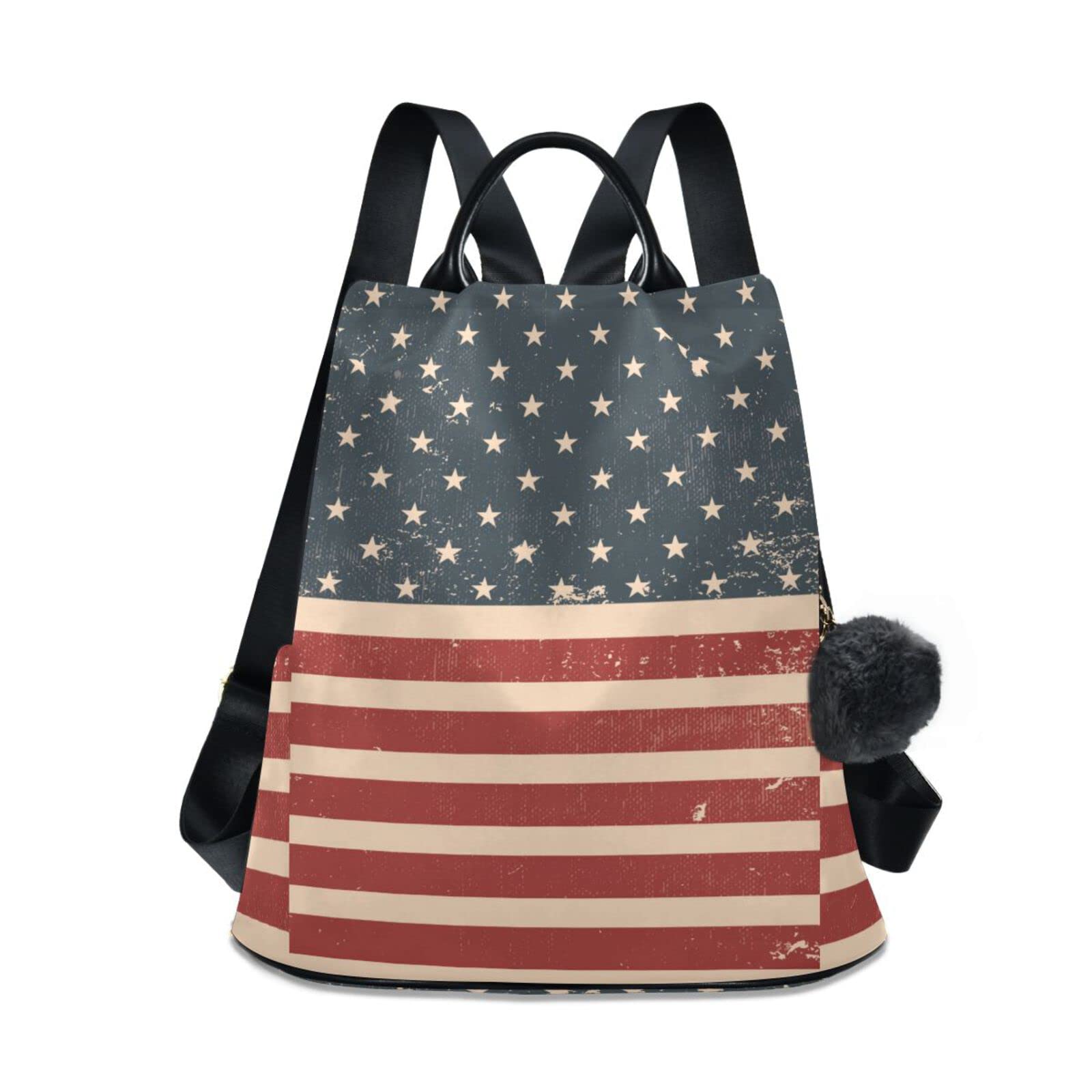 Stylish Women's Anti-Theft Backpack - 15 Inch Retro American Flag Print Casual Travel & School Bag with Fuzzy Keychain | Perfect for College, Commuting & Weekend Adventures