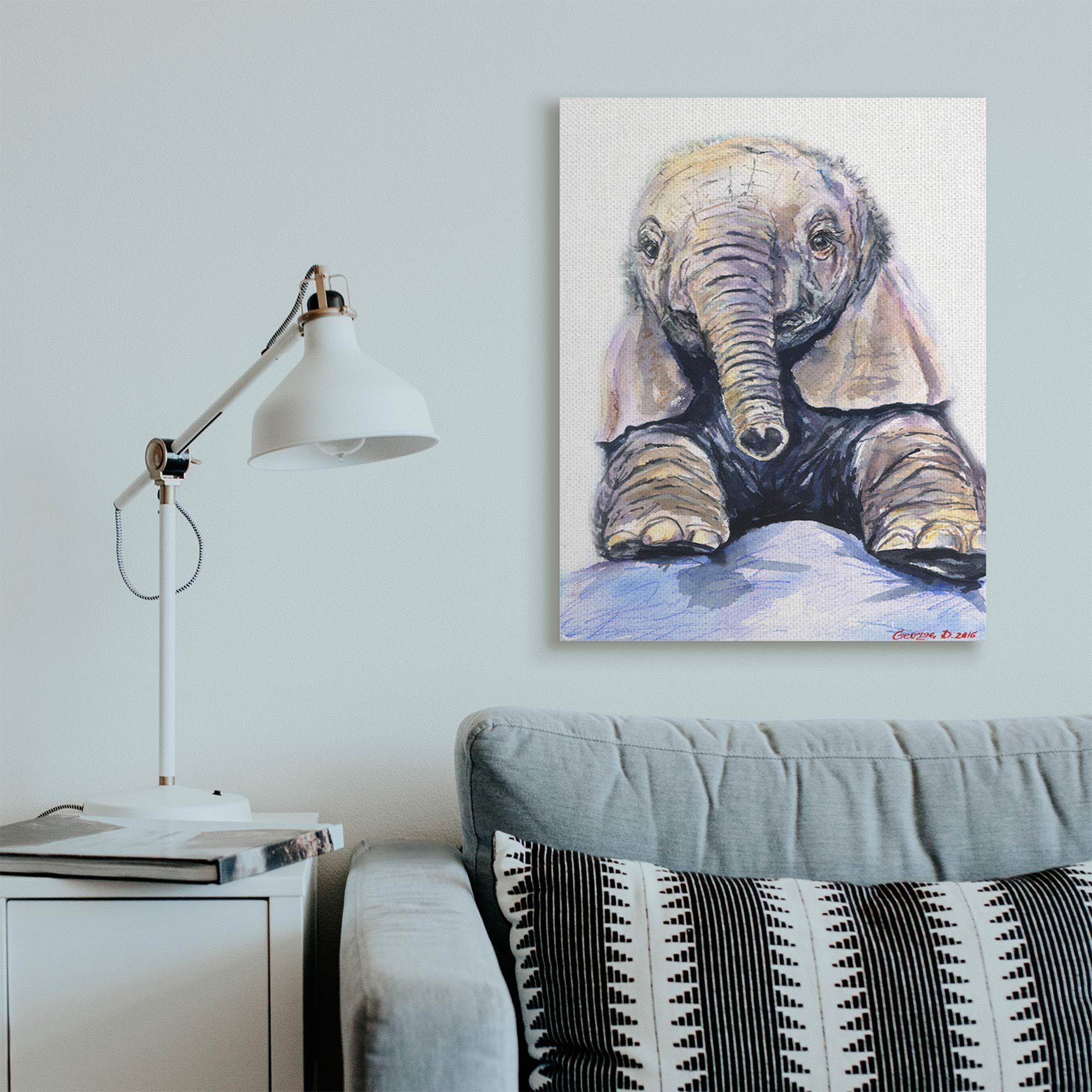 Stupell Industries Baby Elephant Canvas Wall Art - Adorable Safari Animal with Small Trunk, Designed by George Dyachenko, 30x40 Inches, Grey - Perfect for Nursery, Kids Room & Jungle-Themed Decor