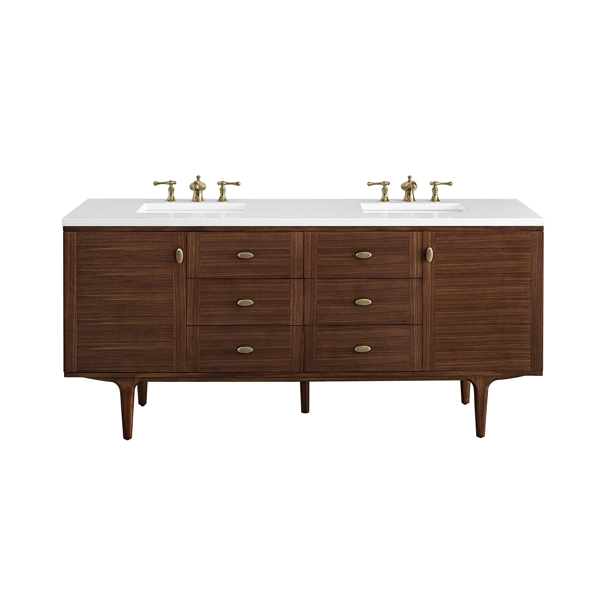 Amberly 72 Inch Double Sink Bathroom Vanity - Mid Century Modern Walnut Finish with 3CM White Zeus Quartz Top - Perfect for Master Bathroom & Guest Bathroom Renovation