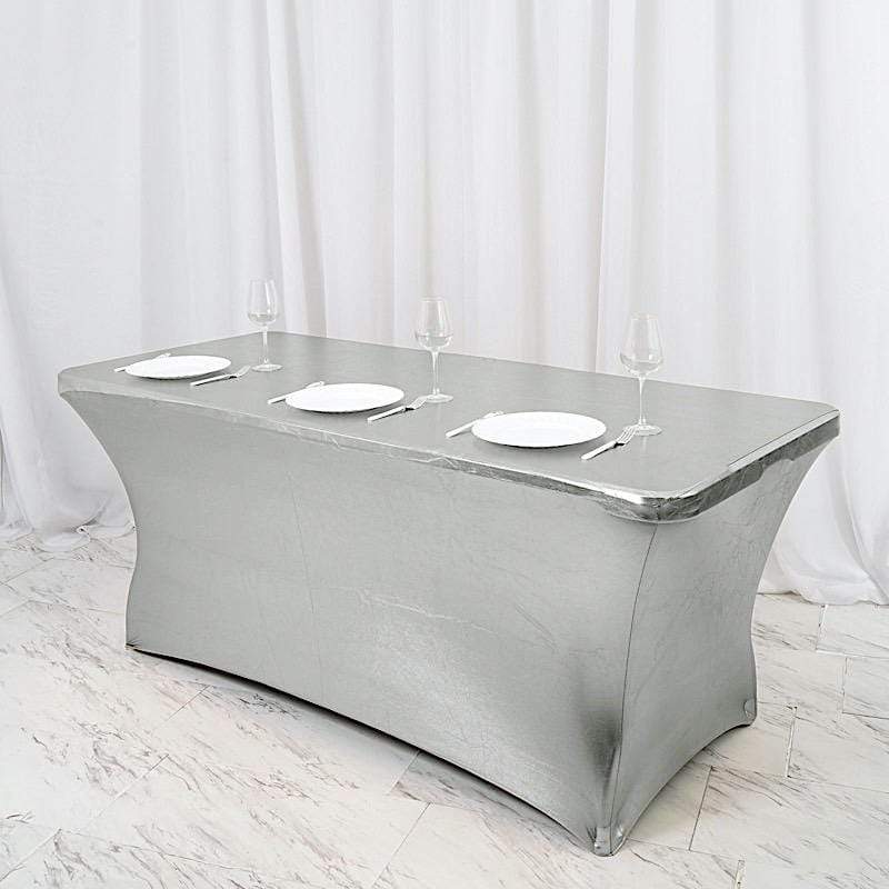 6 ft Fitted Spandex Tablecloth - Stretchable Metallic Table Cover for Parties, Weddings & Events - Elegant Dining & Buffet Table Decor