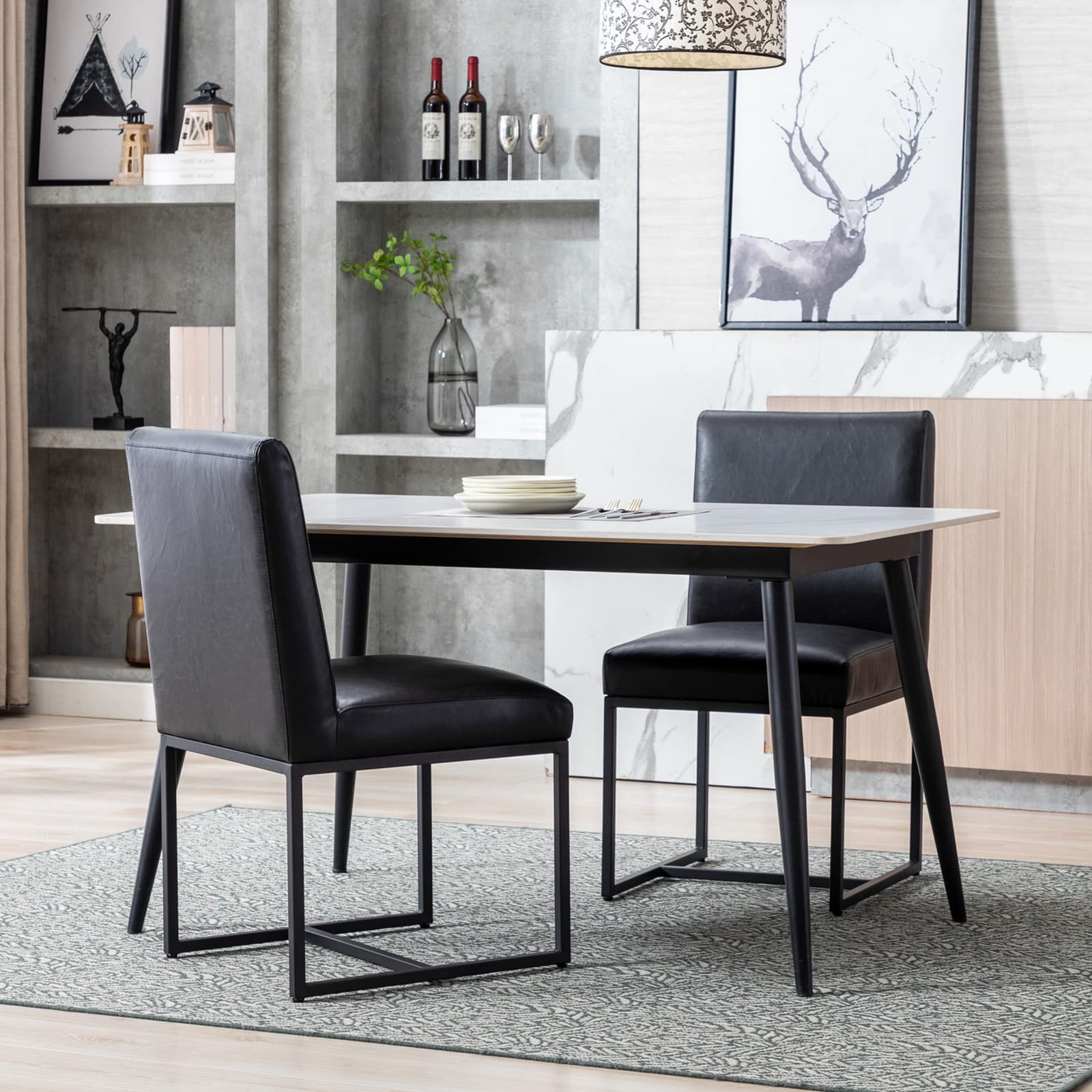 Modern Kitchen Chairs Set of 2 - PU Leather Upholstered Dining Chairs with Black Metal Frame - Comfortable Side Chairs for Kitchen, Dining Room & Breakfast Nook - Perfect for Small Spaces & Modern Home Decor