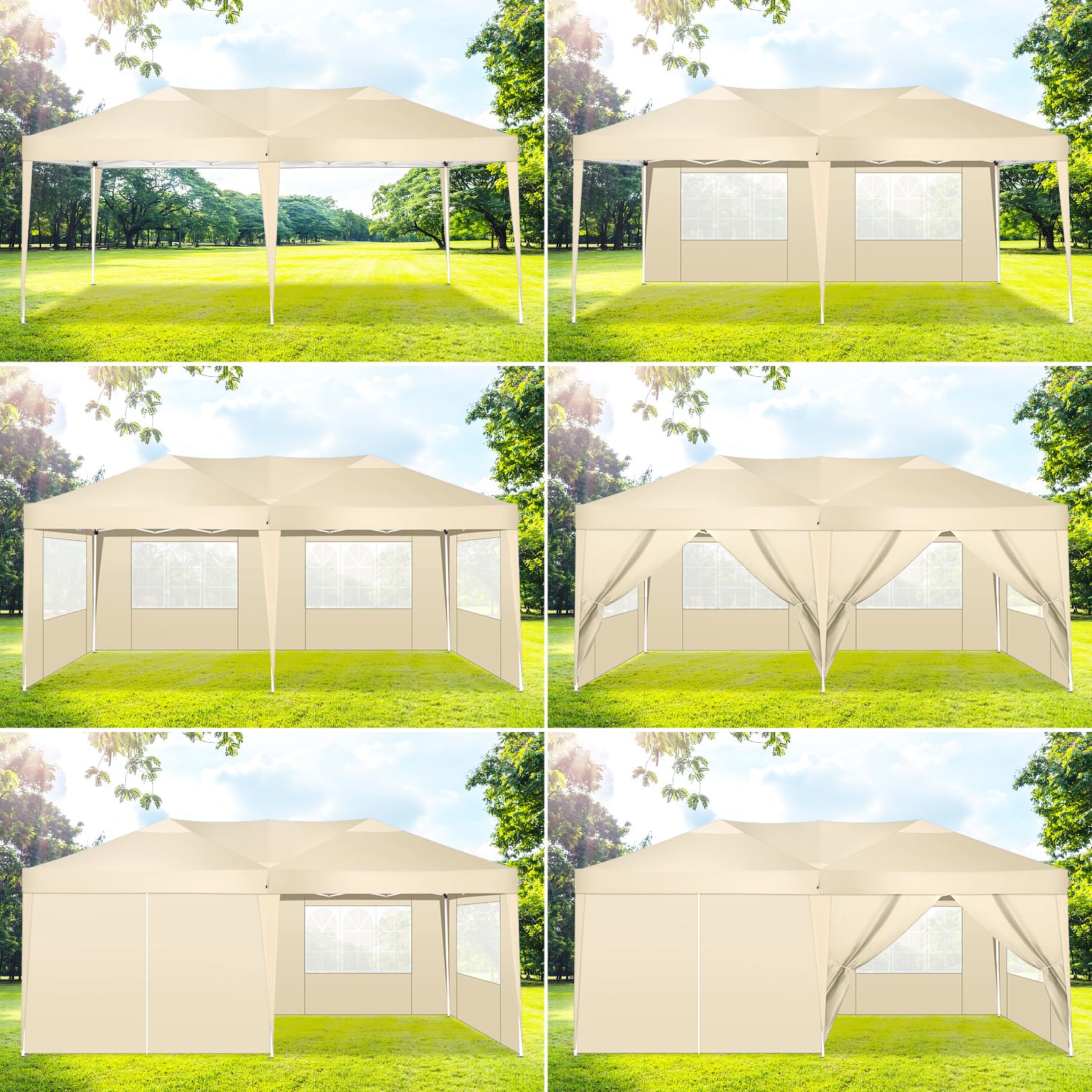 COBIZI 10x20 Pop Up Canopy Tent with 6 Sidewalls - Waterproof Outdoor Event Shelter, Instant Gazebo Sun Shade for Parties, Beach, Camping & Commercial Use | Portable 10'x20' Khaki Canopy for Backyard, Tailgating & Farmers Markets