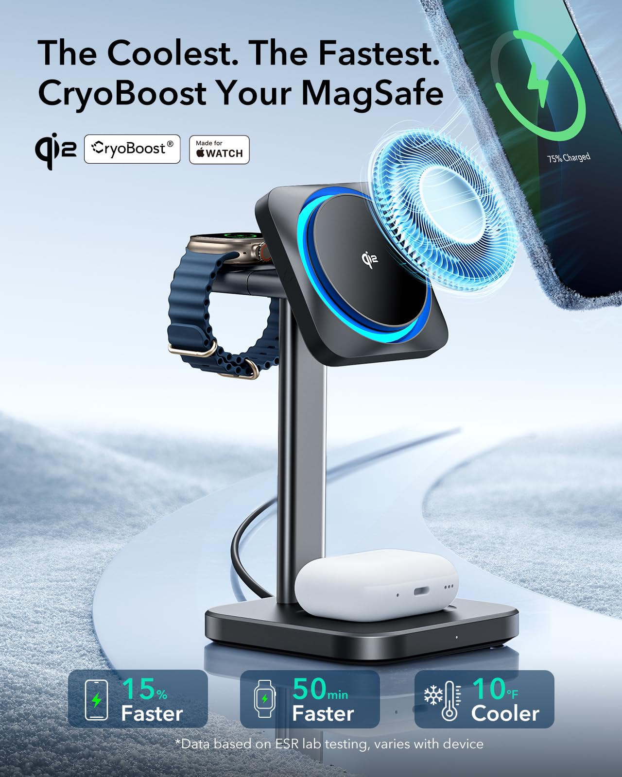 ESR Qi2 Certified 3-in-1 MagSafe Charging Stand with CryoBoost - Fast Wireless Charger for iPhone 16/15/14/13, Apple Watch & AirPods 4/3 | Phone Cooling Station | Perfect for Home, Office & Nightstand Use (Black)