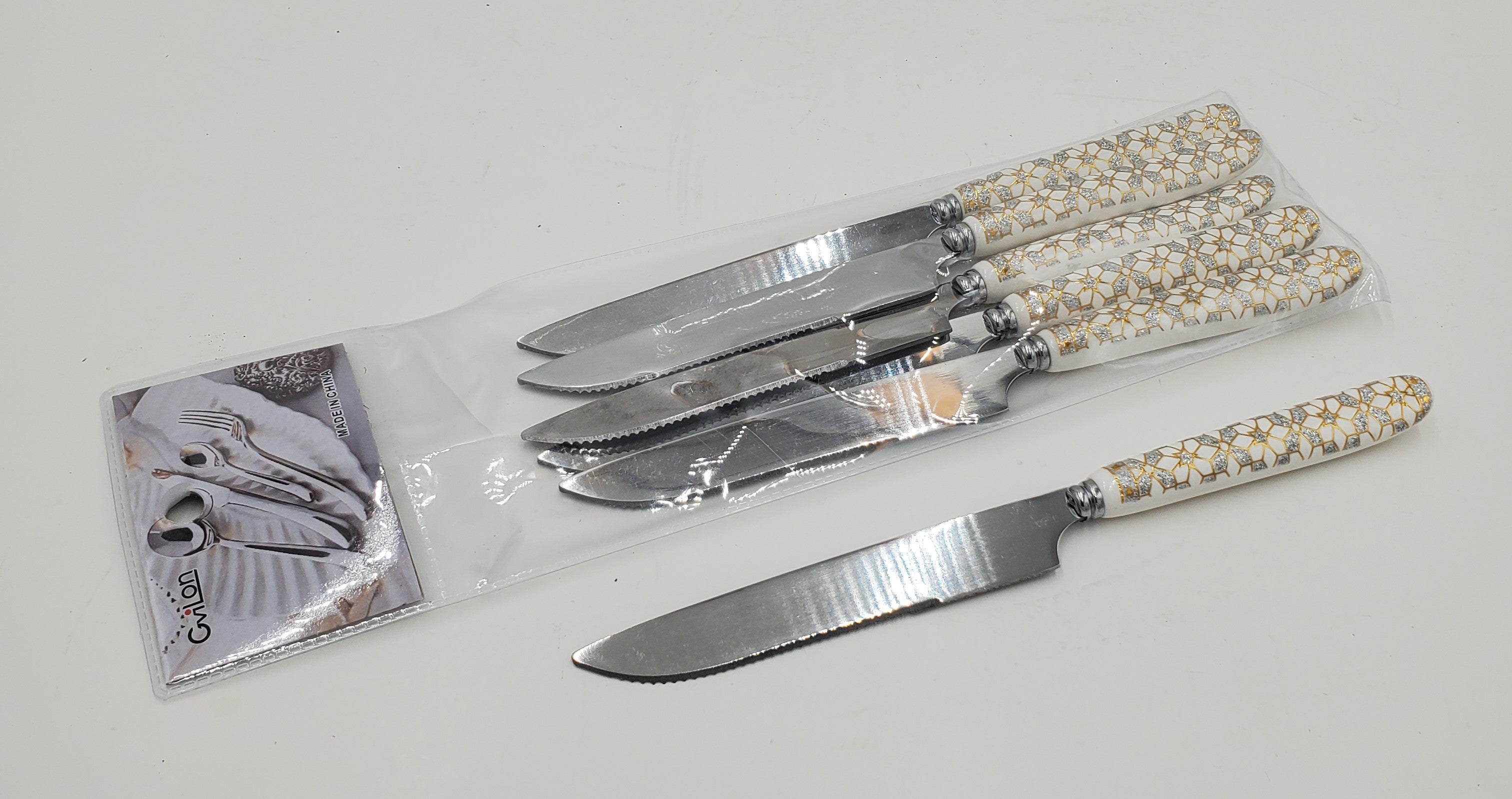 6-Piece Stainless Steel Dinner Knife Set - Elegant Silver & Gold Cutlery for Fine Dining, Wedding, and Formal Events