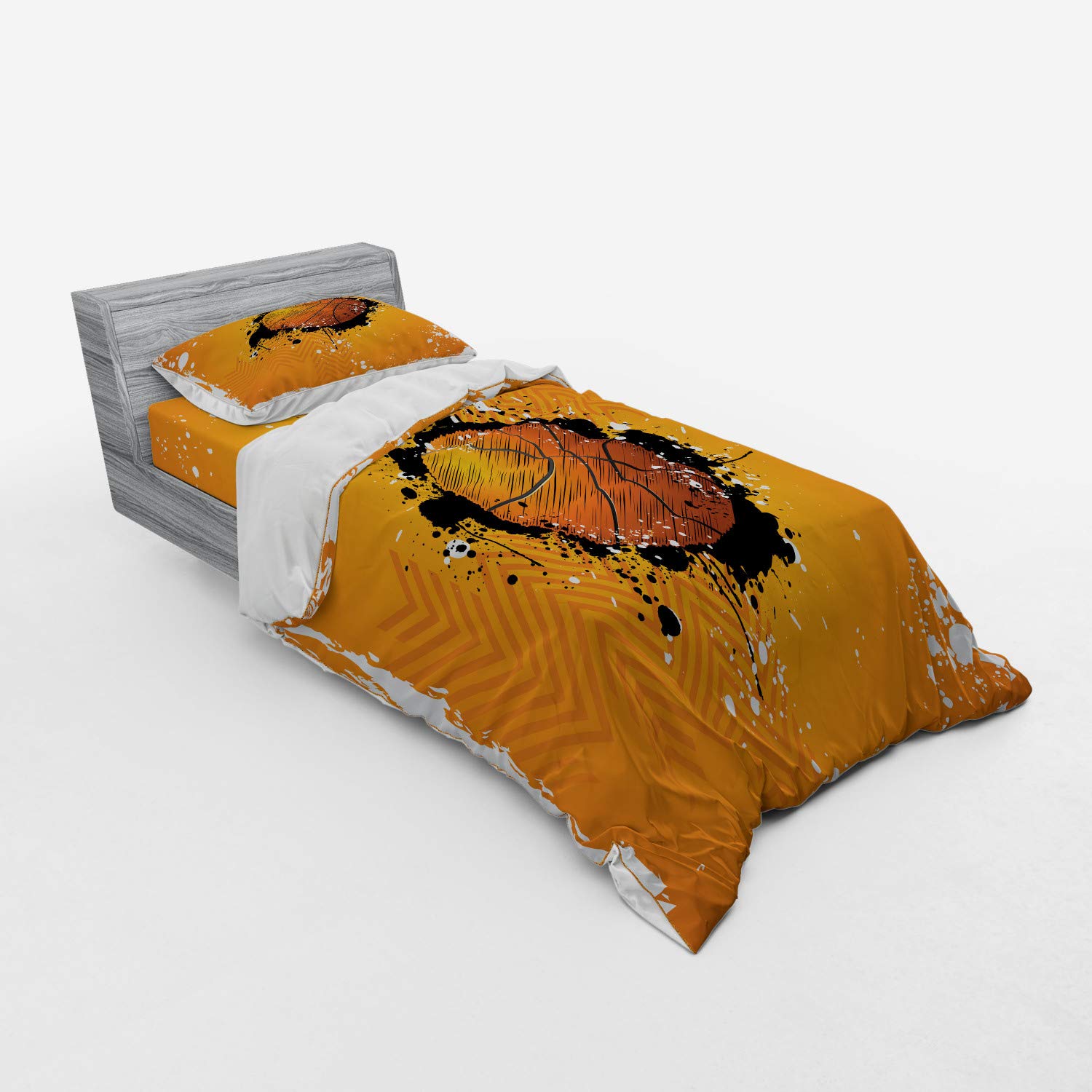 Ambesonne Basketball Duvet Cover Set - Abstract Grungy Sport Theme with Paint Splashes, 3-Piece Bedding Set Includes Sham & Fitted Sheet, Twin Size in Orange & Black - Perfect for Boys' Room, Sports Themed Bedroom, or Basketball Fan Gift