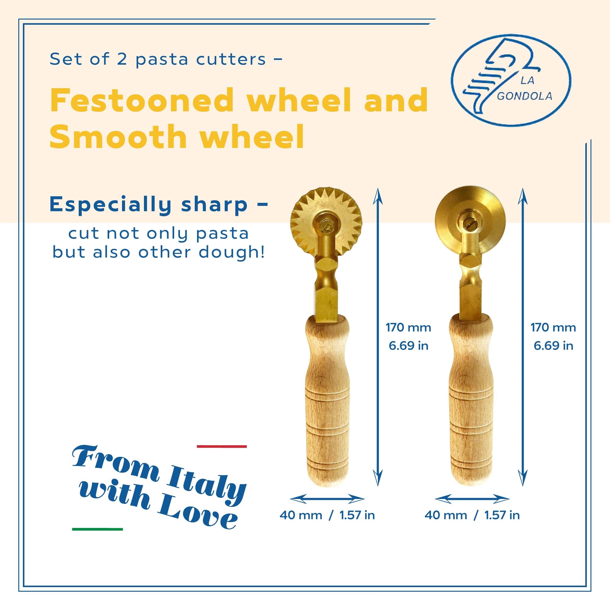 Premium Set of 2 Italian Pasta Cutters - Festooned & Smooth Wheels for Homemade Ravioli | Brass & Wood Pasta Making Tools for Home Chefs & Restaurants | Easy-to-Use Dough Cutters | Perfect for Italian Cuisine, Cooking Classes & Gourmet Gift Giving