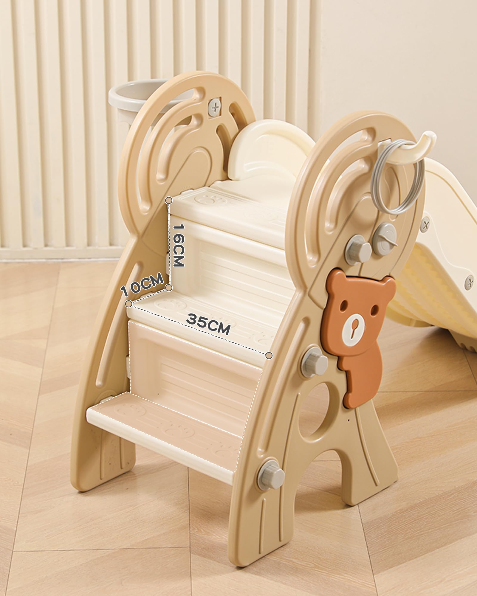4-in-1 Foldable Toddler Slide with Basketball Hoop | Indoor & Outdoor Plastic Play Slide for Kids Ages 1-3 | Perfect for Backyard, Playroom & Birthday Parties (Brown)