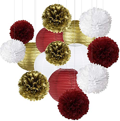 Burgundy White Gold Tissue Pom Poms - Elegant Birthday Party Decorations for Women, Fall Weddings & Special Events