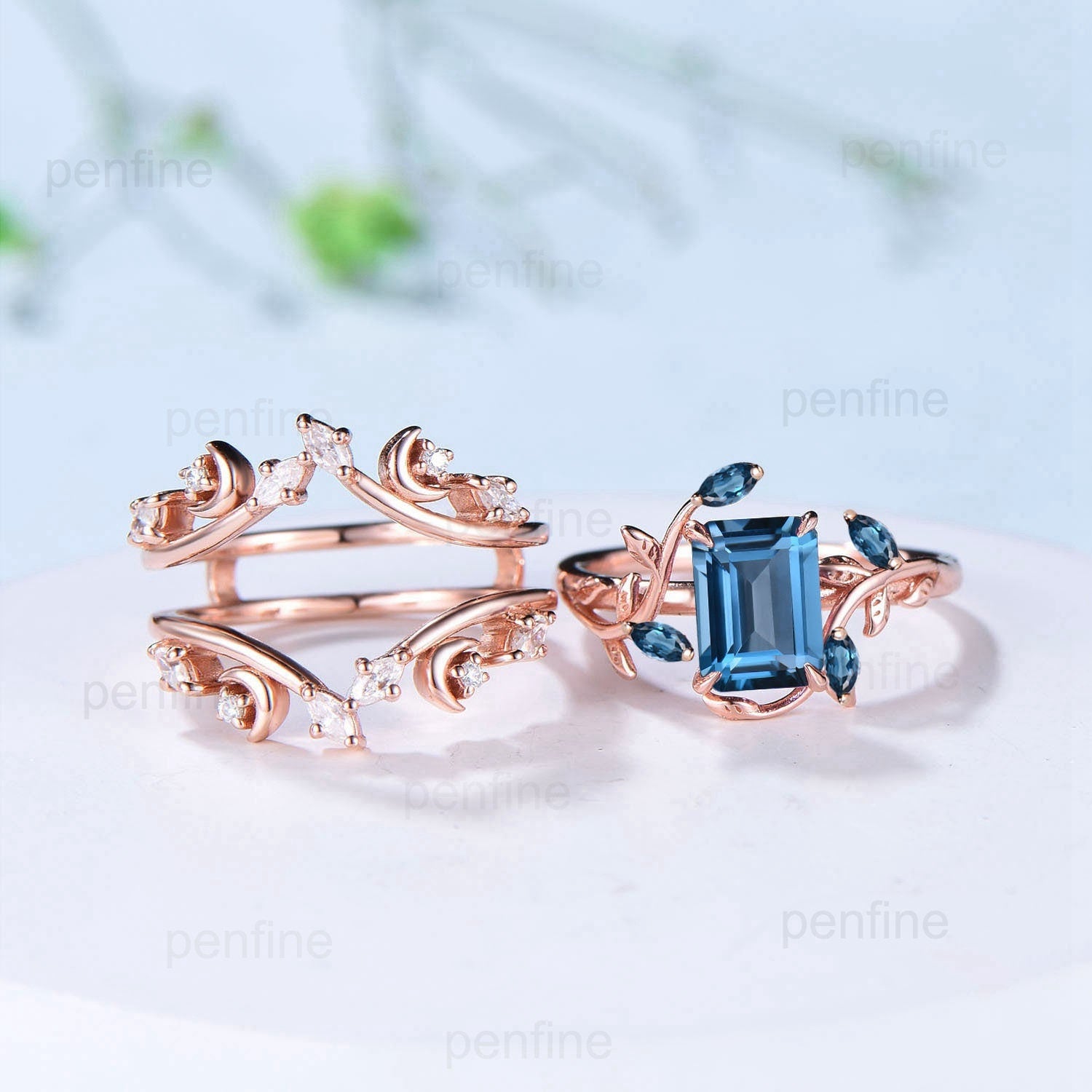 Art Deco Emerald Cut London Blue Topaz Engagement Ring Set - Nature Inspired Deep Blue Wedding Ring with Double Leaf Vine Design - Perfect for Bridal, Anniversary & Proposal Gifts