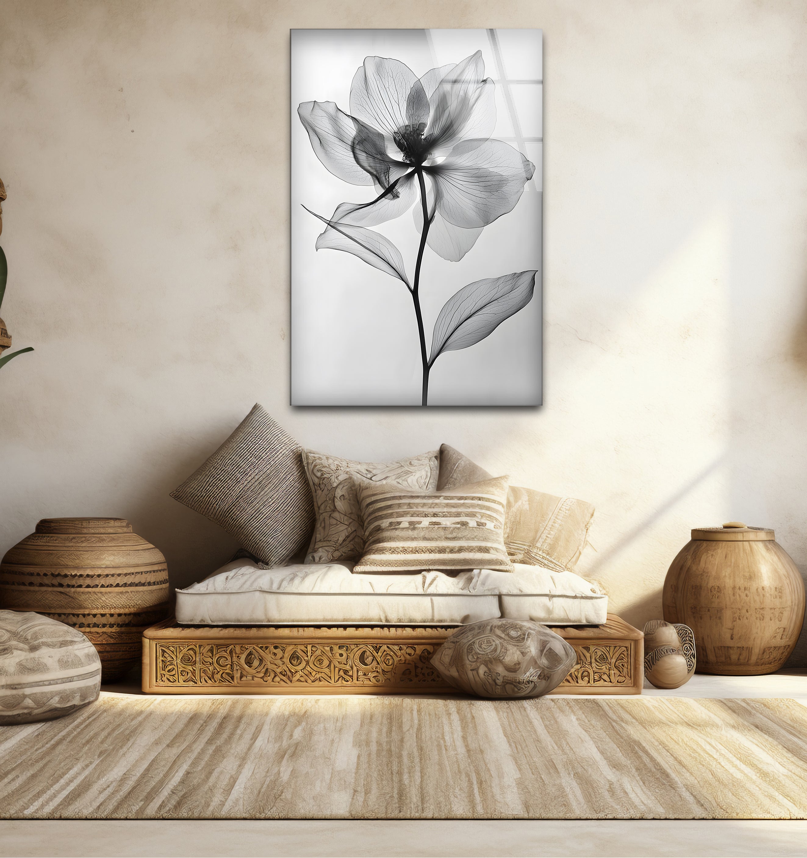 Black and White Flower Glass Wall Art - Elegant Home Decor for Living Room, Bedroom & Office