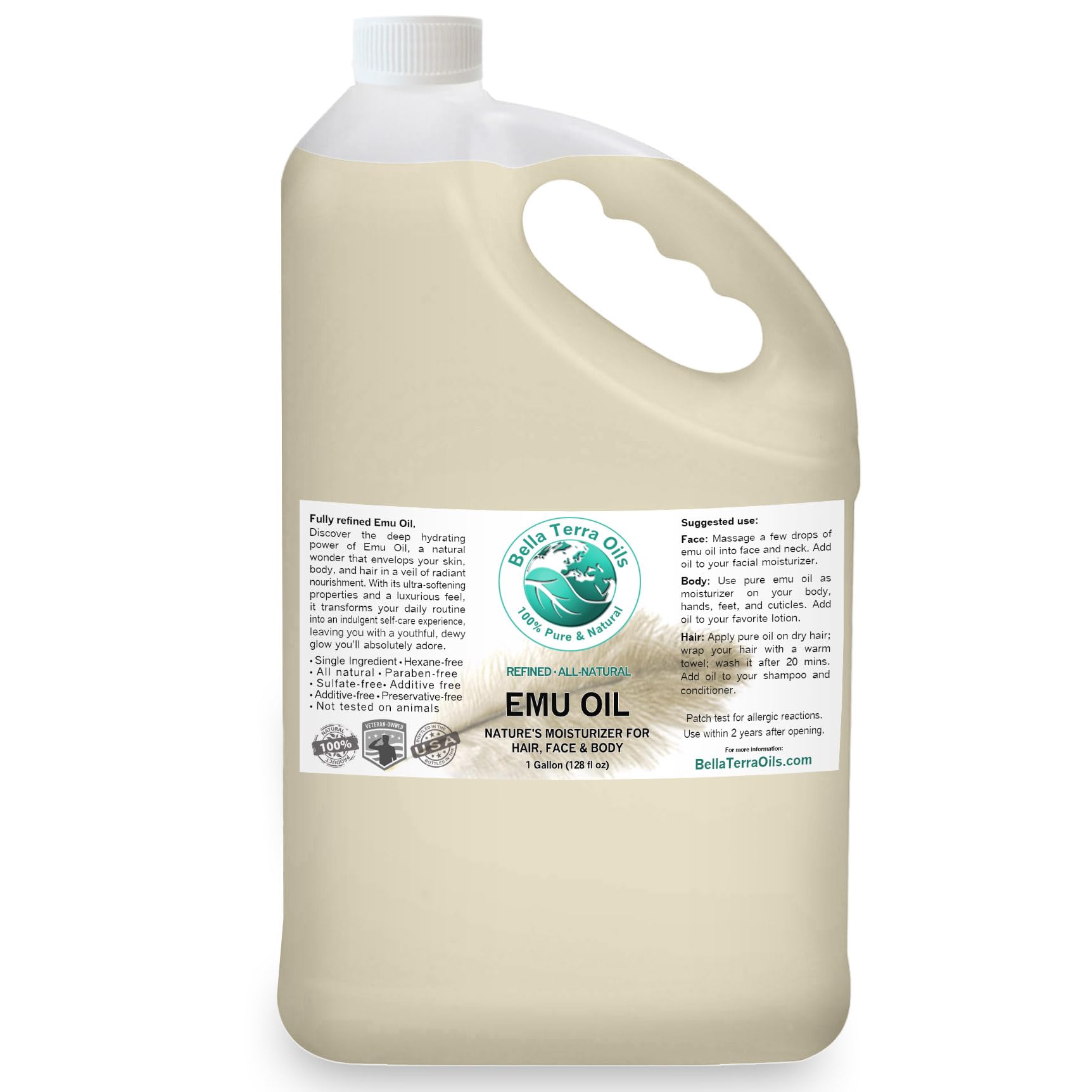 Pure Emu Oil by Bella Terra - 1 Gallon for Deep Skin Hydration & Smoothness | Lightweight, Non-Greasy Formula | Perfect for Dry Skin Care, Massage Therapy & Natural Beauty Regimens