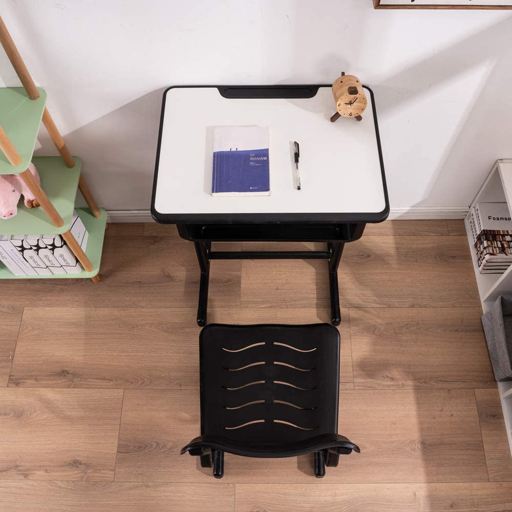 Adjustable Height Student Desk and Chair Set with Drawer, Pencil Grooves & Hooks - Ergonomic Study Workstation for Kids, Teens - Perfect for Home, School & Online Learning (Black & White)