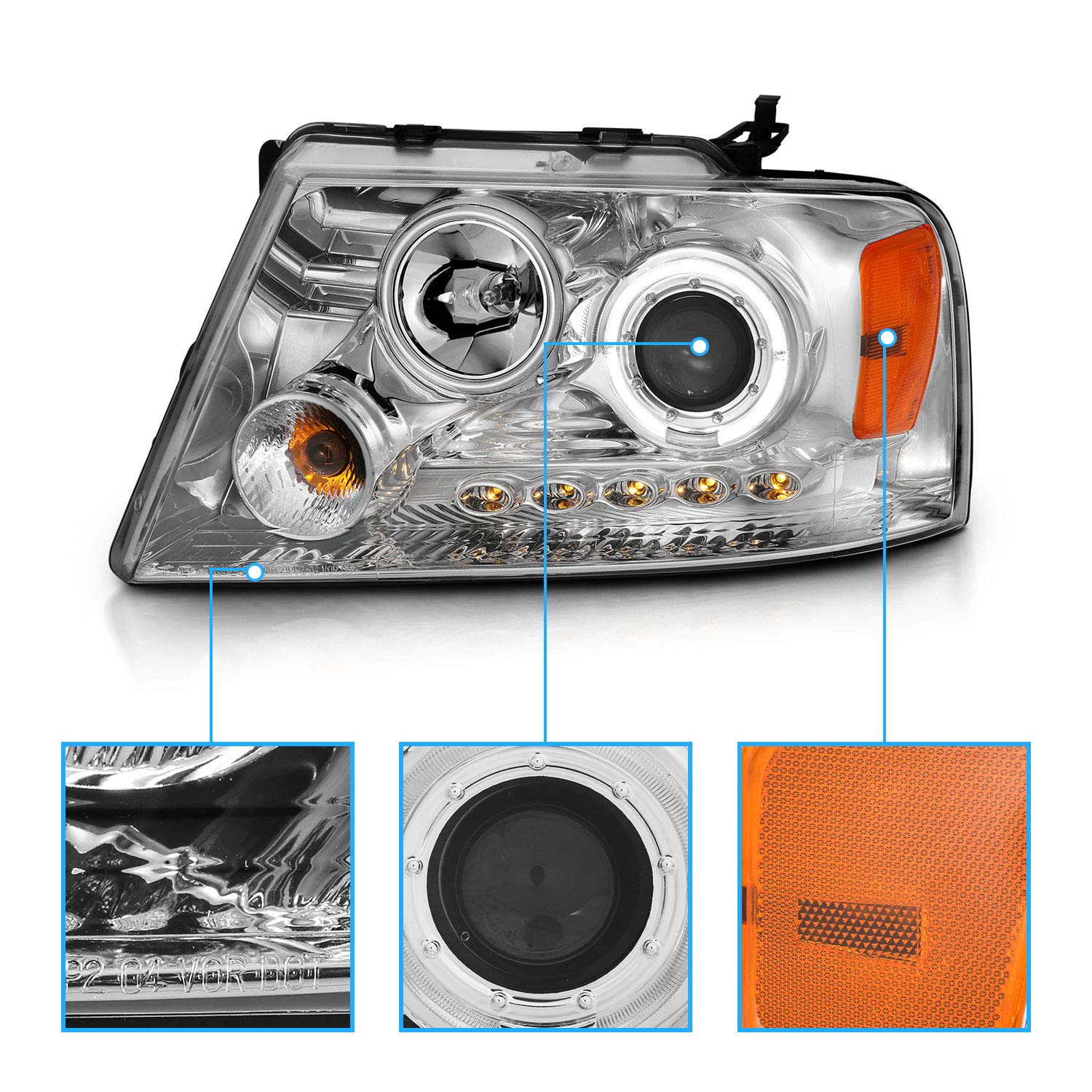 High-Performance AmeriLite Chrome LED Halo Projector Headlights for Ford F-150 - Driver & Passenger Side | Enhanced Night Visibility & Style Upgrade for Trucks