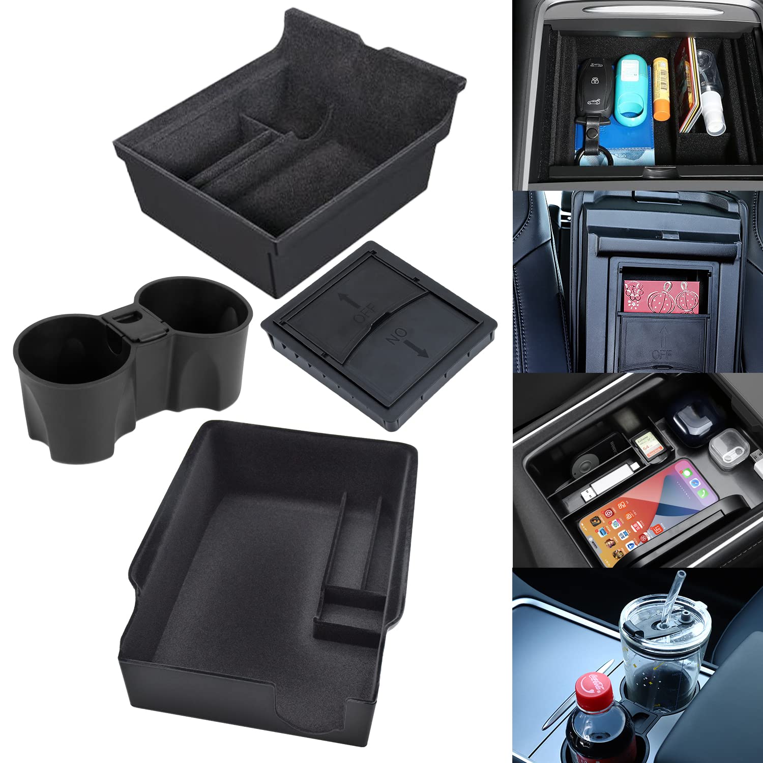 Tesla Model 3 & Y Center Console Organizer Tray - 4PCS Cup Holder Insert for 2021-2025 Model Y & 2021-2023 Model 3 Interior Accessories (Excludes 2025 New Model Y Juniper & 2024-2025 Model 3 Highland) - Perfect for Car Organization & Road Trips