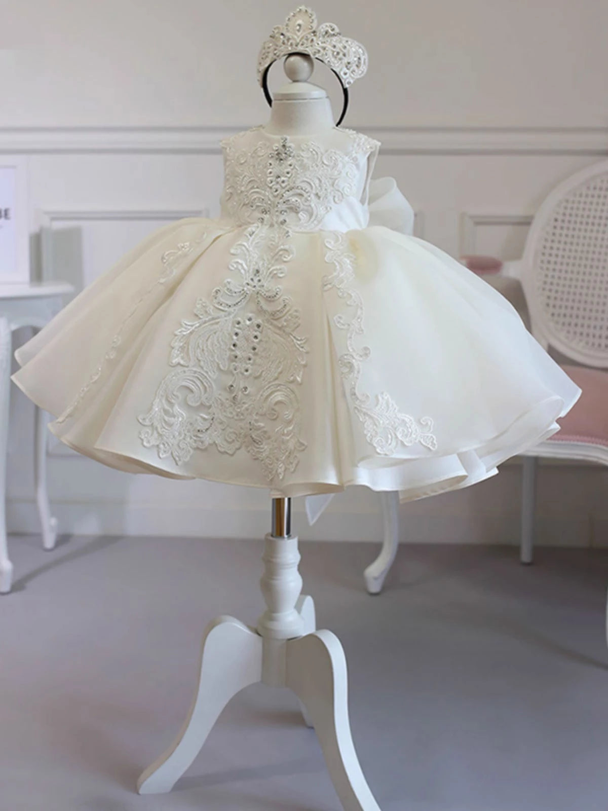 Ivory Princess Round Tea Length Satin Flower Girl Dress - Perfect for Weddings, Birthday Parties & Special Occasions