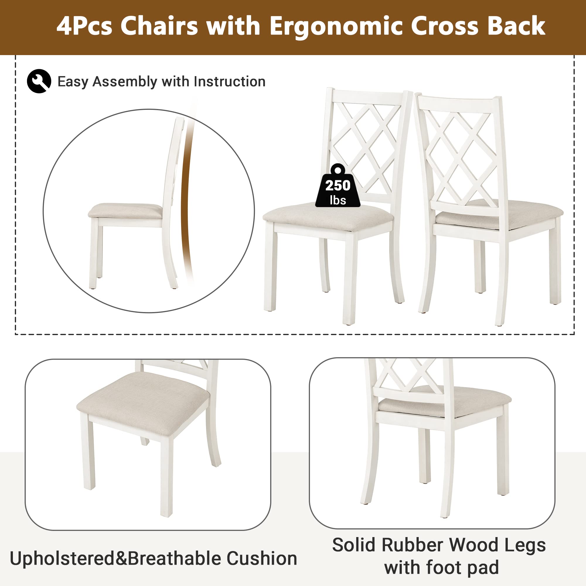 5-Piece Modern Farmhouse Dining Set with Round Acacia Wood Table & 4 Cross Back Chairs - Rustic Kitchen Table with Splayed Legs for Family Meals, Dinner Parties & Small Space Dining Rooms