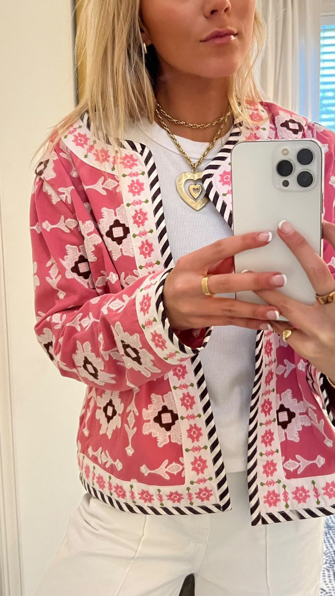 Rosy Jacket - Pink Embroidered Women's Lightweight Coat for Spring & Fall | Fashion Outerwear for Casual Outings, Dates & Travel