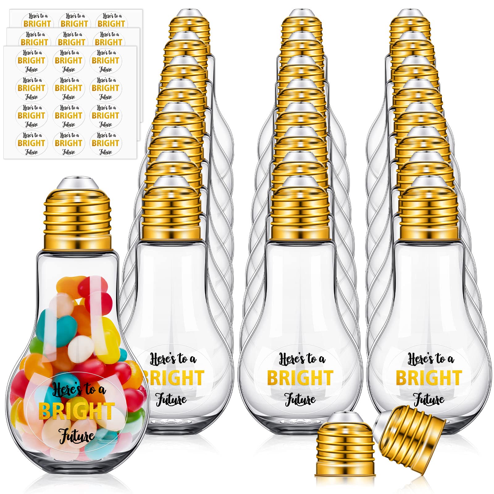 72 Pcs Graduation Plastic Light Bulb Jars Set - 36 Sets Clear Fillable Candy Containers with Lids & Stickers - Bulk Lightbulb Ornaments for Grad Party Decorations, Crafts, and School Celebrations