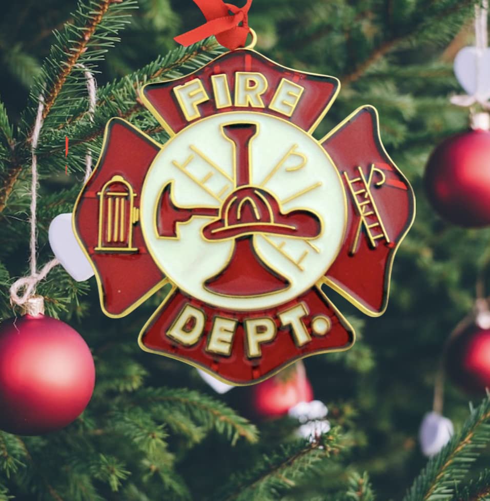 Firefighter Ornament Crest - Christmas Tree Holiday Decor, Fire Department Badge Crest Hanging Decoration for First Responder Gifts, Tree Topper, and Fire Station Displays