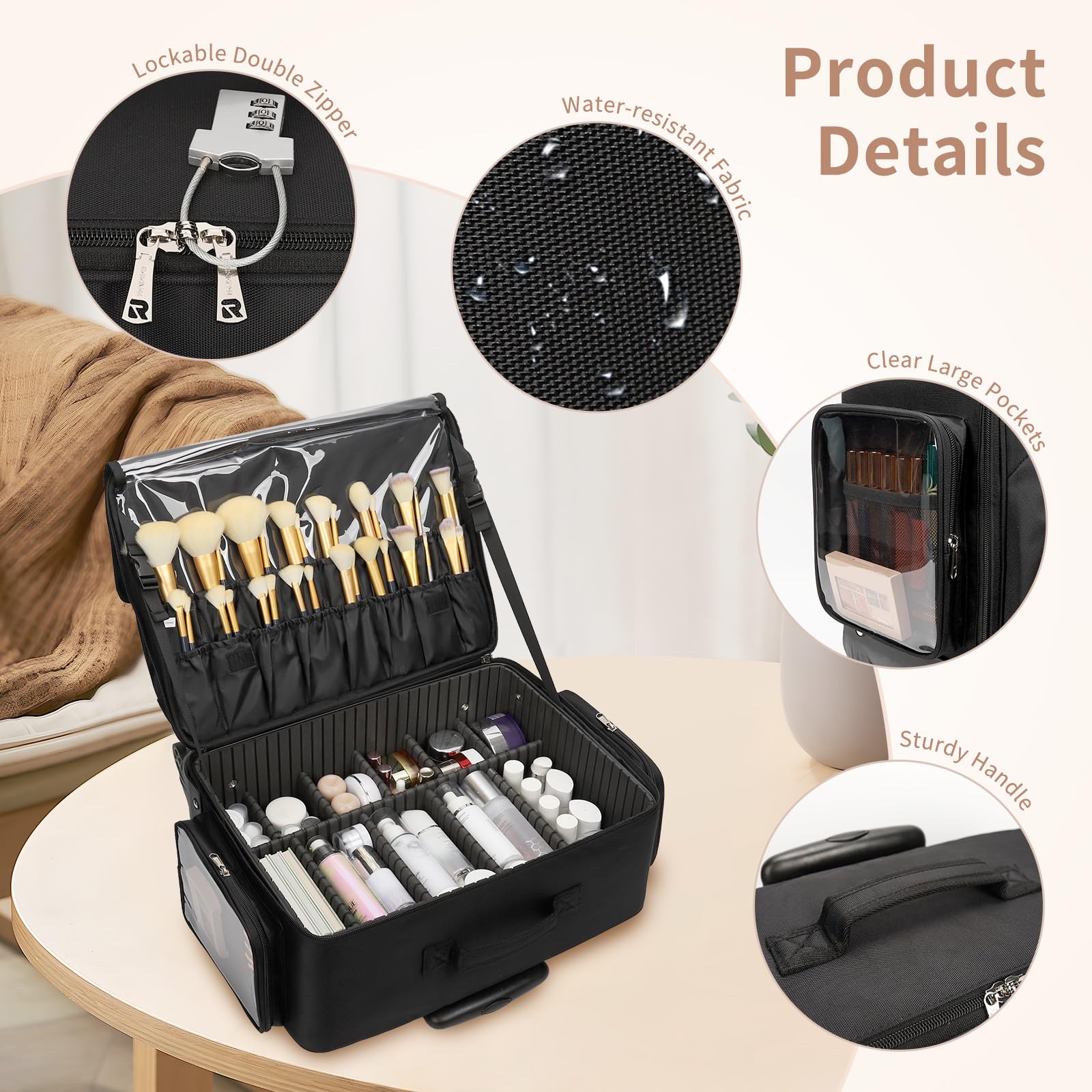 Professional Large Rolling Makeup Case with 4 Small Bags & Adjustable Dividers - Portable Travel Cosmetic Organizer Trolley for Makeup Artists | Perfect for Salon, Wedding, Film Set & Beauty On-The-Go