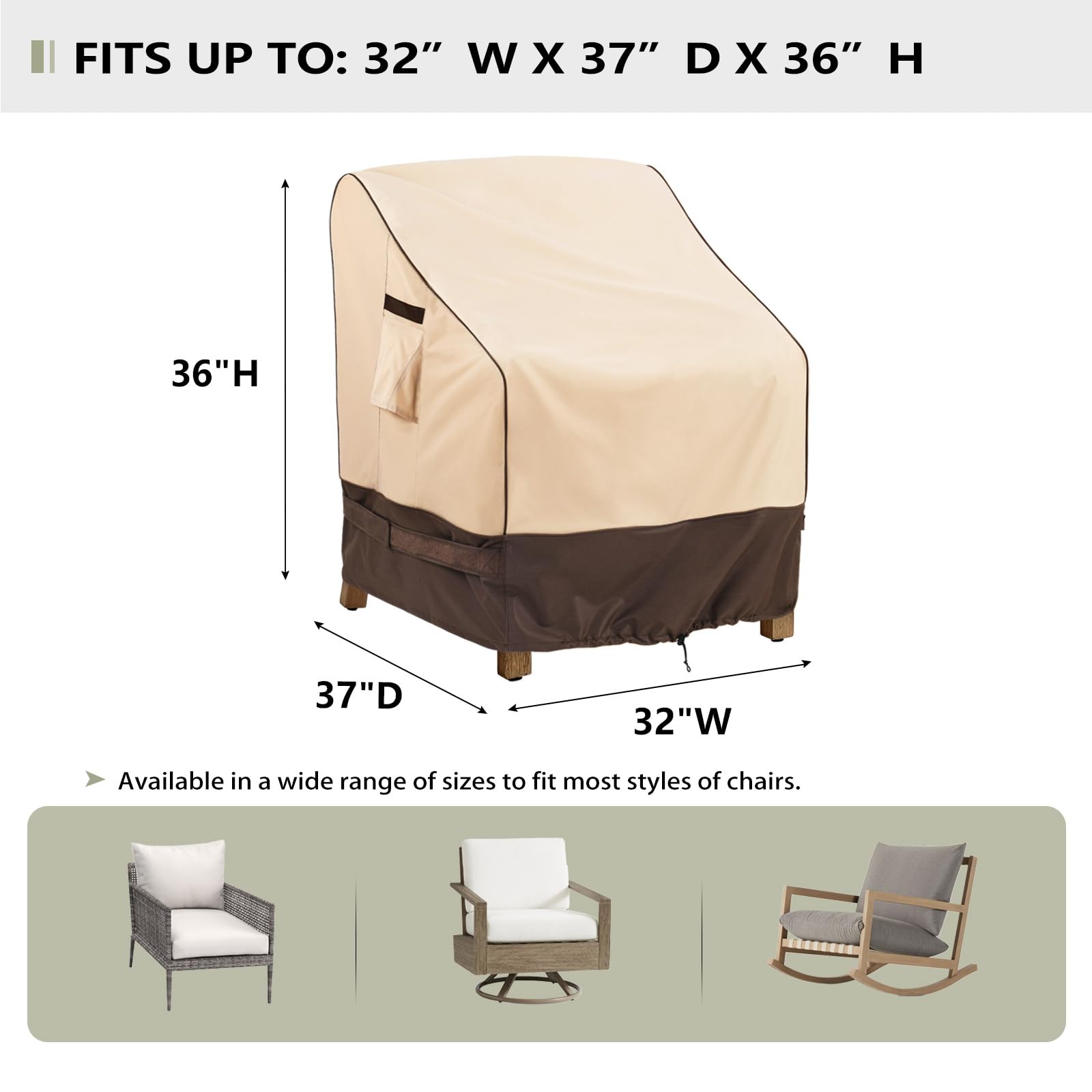 Waterproof Patio Furniture Covers 32x37x36 Inches - 2 Pack Outdoor Chair Covers for Lawn, Garden & Deck - Heavy Duty Khaki Weatherproof Protection (Ideal for Rain, Snow & Sun Protection)