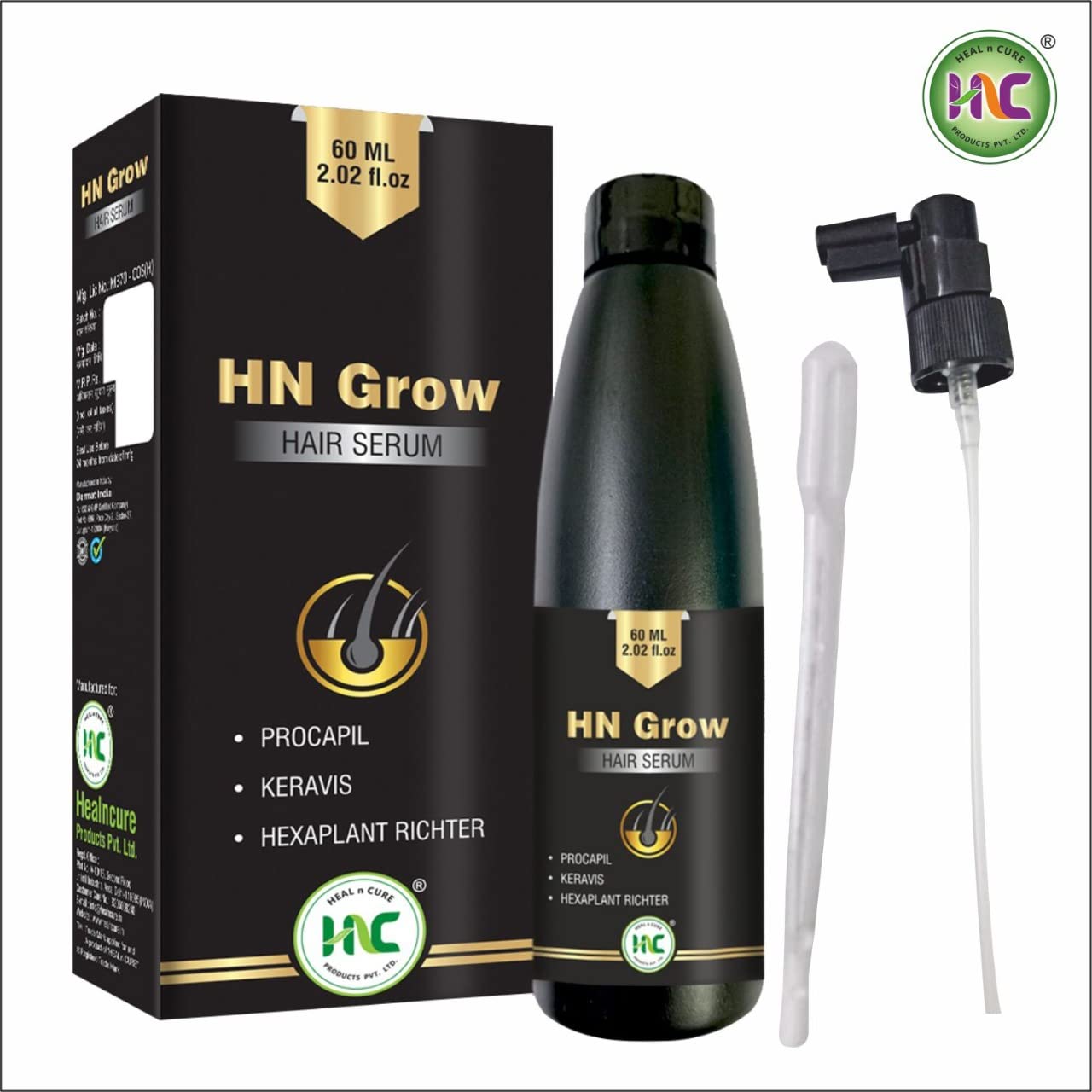 HN Grow Hair Serum with Procapil, Hexaplant & Keravis - 60ml | Hair Fall Control & Healthy Hair Growth Treatment for Men & Women | Perfect for Thinning Hair, Baldness & Scalp Care