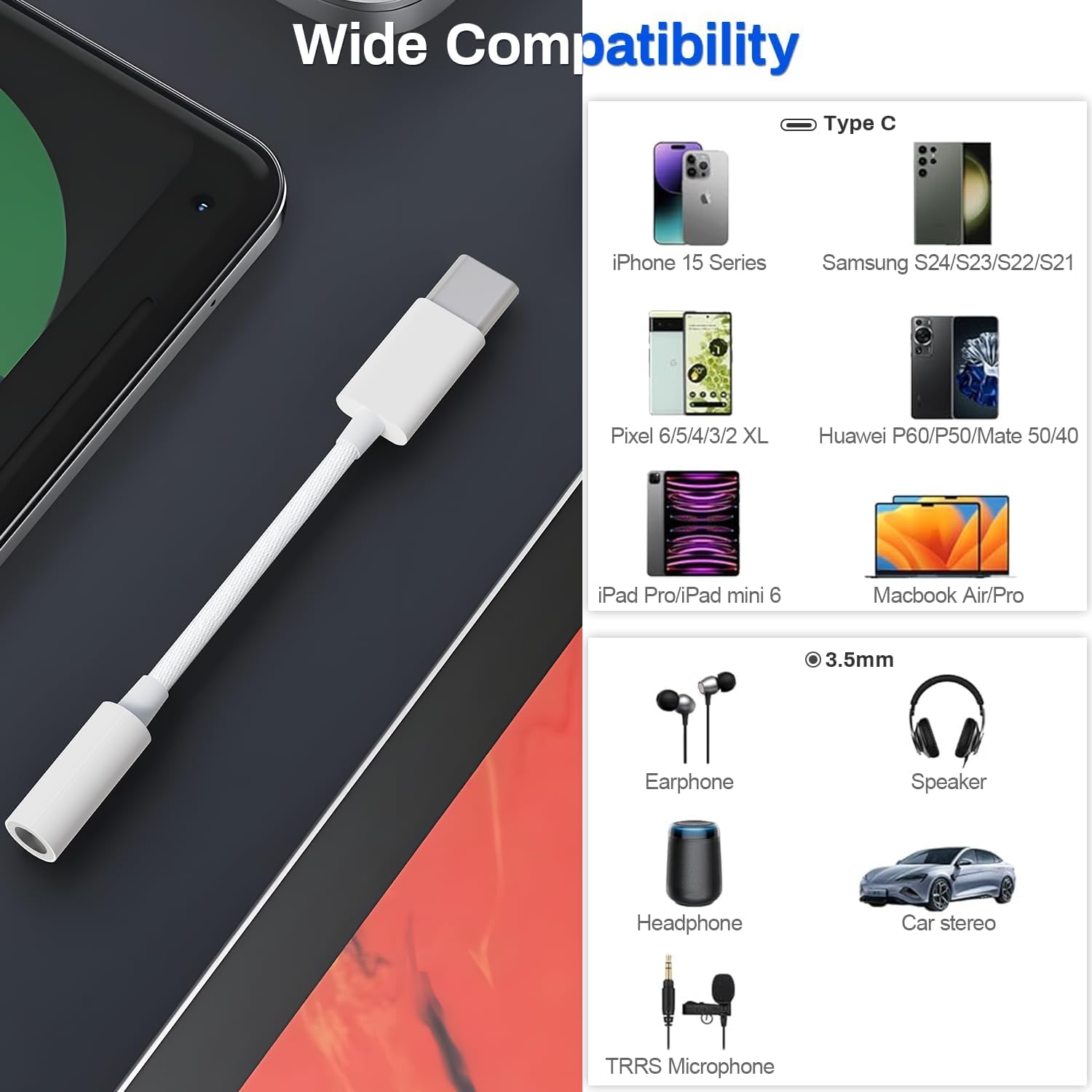 MFi Certified USB C to 3.5mm Adapter 2 Pack - for iPhone 15/Samsung, Perfect for Music & Calls
