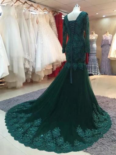 Emerald Green Long Sleeve Lace Mermaid Evening Gown - Elegant Prom Dress for Women | Perfect for Formal Dances, Weddings & Special Occasions