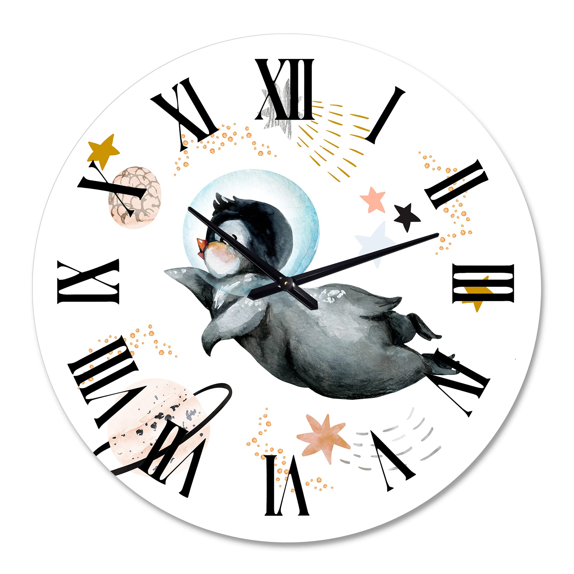 Farmhouse Wall Clock with Little Penguin & Stars Design - Large Decorative Clock for Home, Office, or Nursery | Perfect for Rustic, Coastal & Kids Room Decor