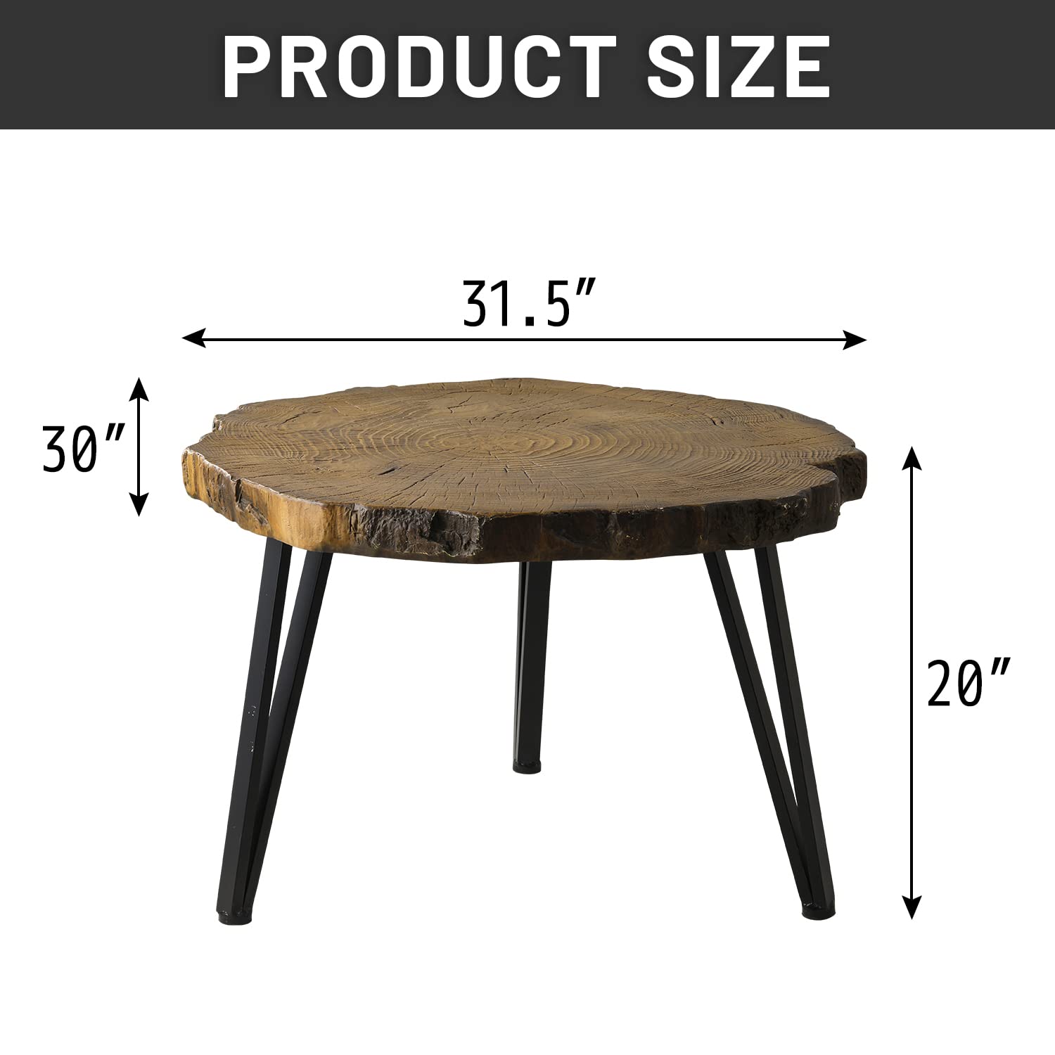 Outdoor Coffee Table - Round Faux Wood Side Table with Oak Finish & Triangular Metal Base - Lightweight End Table for Living Room, Bedroom, Balcony (31.5