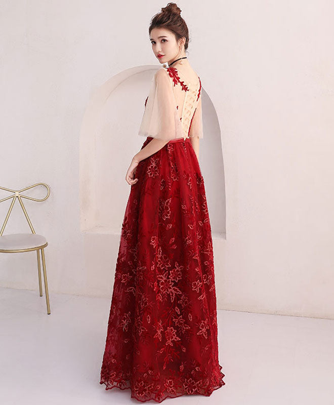Elegant Burgundy Lace Long Prom Dress for Women - Formal Evening Gown for Graduation, Homecoming & Special Occasions - Perfect for Dances, Parties & Formal Events