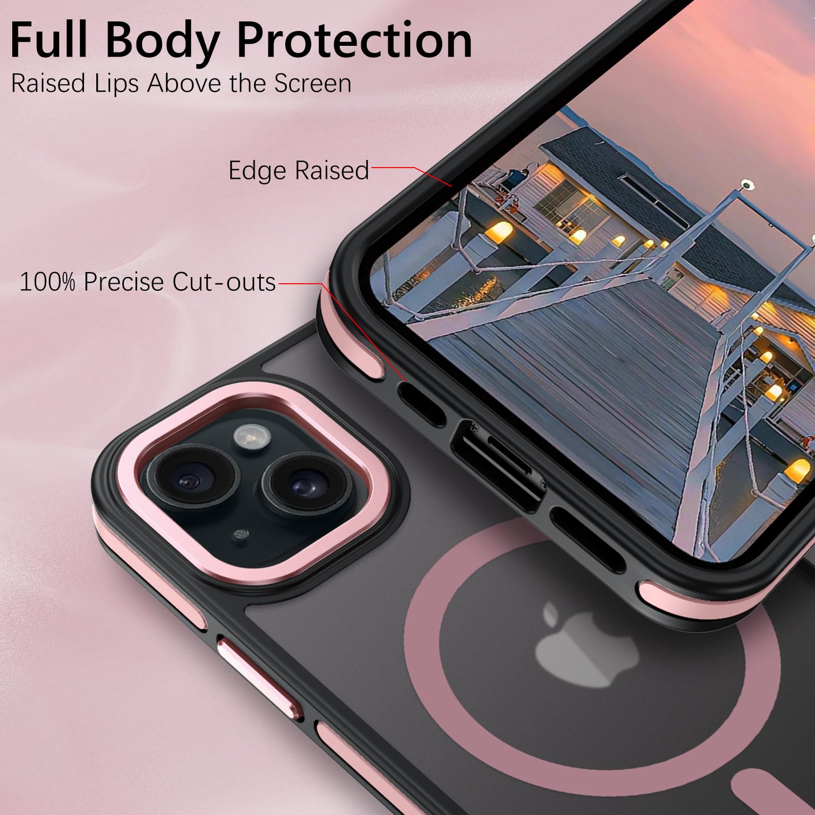 Magnetic Phone Case for iPhone 15 Plus [Magsafe Compatible] - Military-Grade Shockproof & Anti-Scratch Protective Cover (Black/Pink) - Perfect for Women's Daily Use, Travel & Outdoor Activities