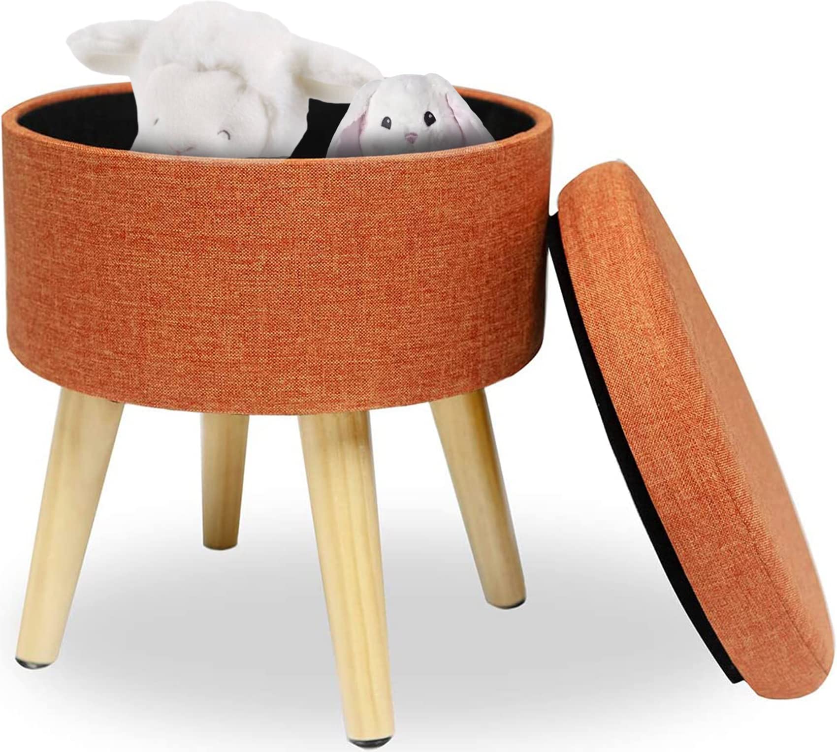 Tayer Fabric Round Storage Chest Stool - Small Pouf Soft Padded Seat Chair with Wood Legs, Footrest Storage Bench for Toys Pillows Blankets - Orange - Perfect for Living Room, Bedroom & Nursery Organization