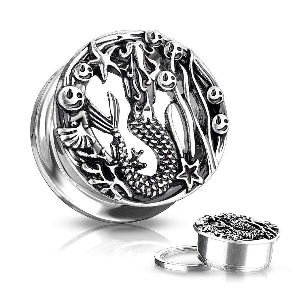 Antique Silver Plated Siren Front 316L Surgical Steel Flesh Tunnel Plugs - Screw Fit Ear Gauges for Men & Women - Perfect for Body Piercing, Stretching, and Alternative Fashion