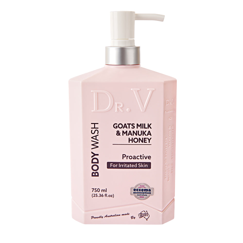Dr. V Goats Milk & Manuka Honey Body Wash 750ml - Soothing Proactive Formula for Irritated Skin - Perfect for Dry, Sensitive Skin & Eczema Relief - Daily Moisturizing Shower Gel for Men & Women