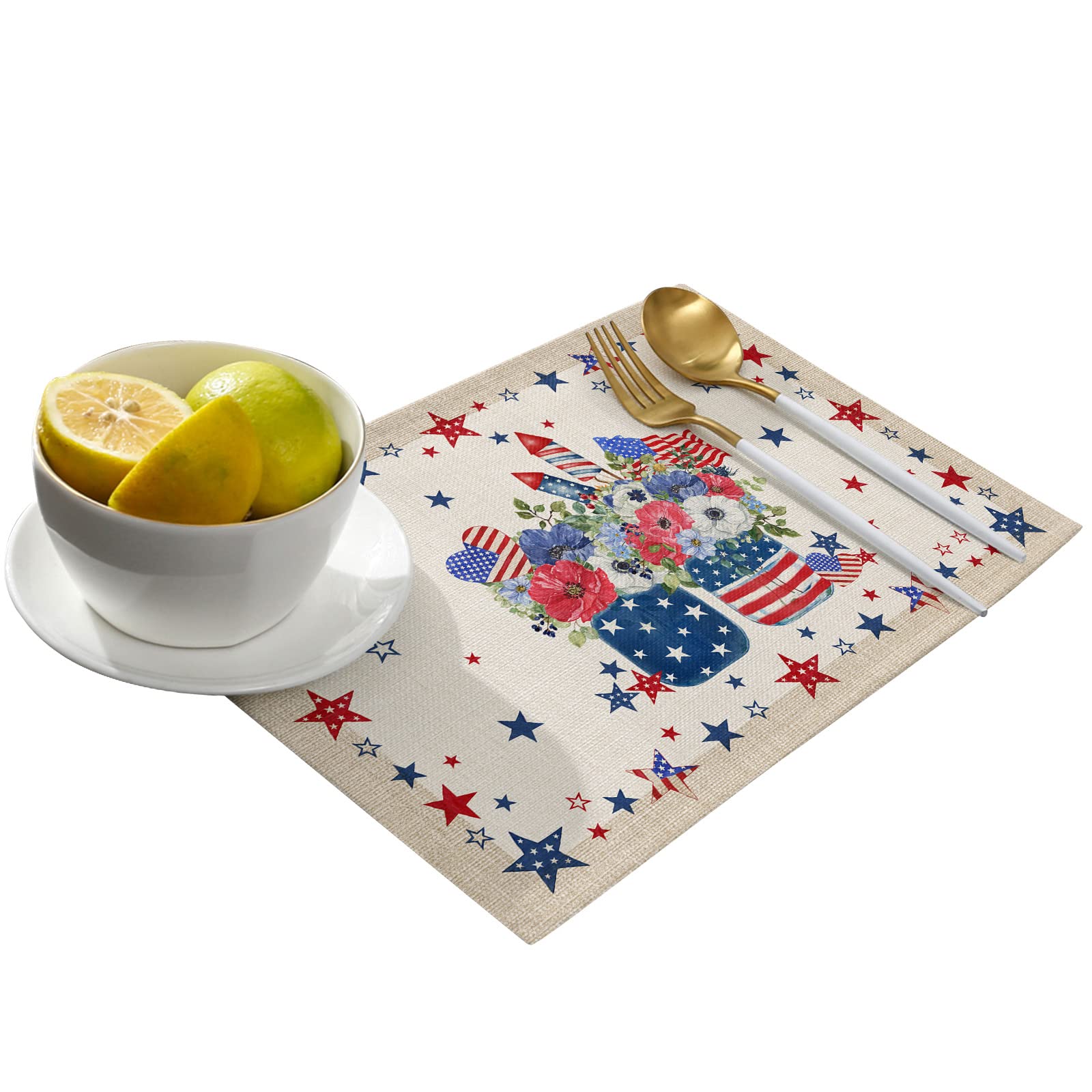 4th of July Placemats Set of 4 - Patriotic Red White & Blue Cotton Linen Heat-Resistant Table Mats for Holiday Dining, Kitchen Decor - Perfect for Independence Day Parties, BBQs & Family Gatherings