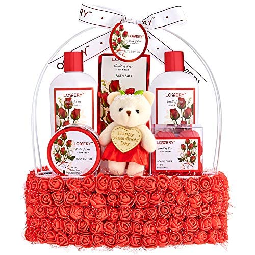 Luxury Spa Gift Basket for Women - Rose Scented Bath & Body Set with Bubble Bath, Body Butter, Bath Salts, Shower Gel, Flower Soaps & Teddy Bear | Birthday Gifts for Her, Mother's Day Present, Relaxation & Self-Care Package