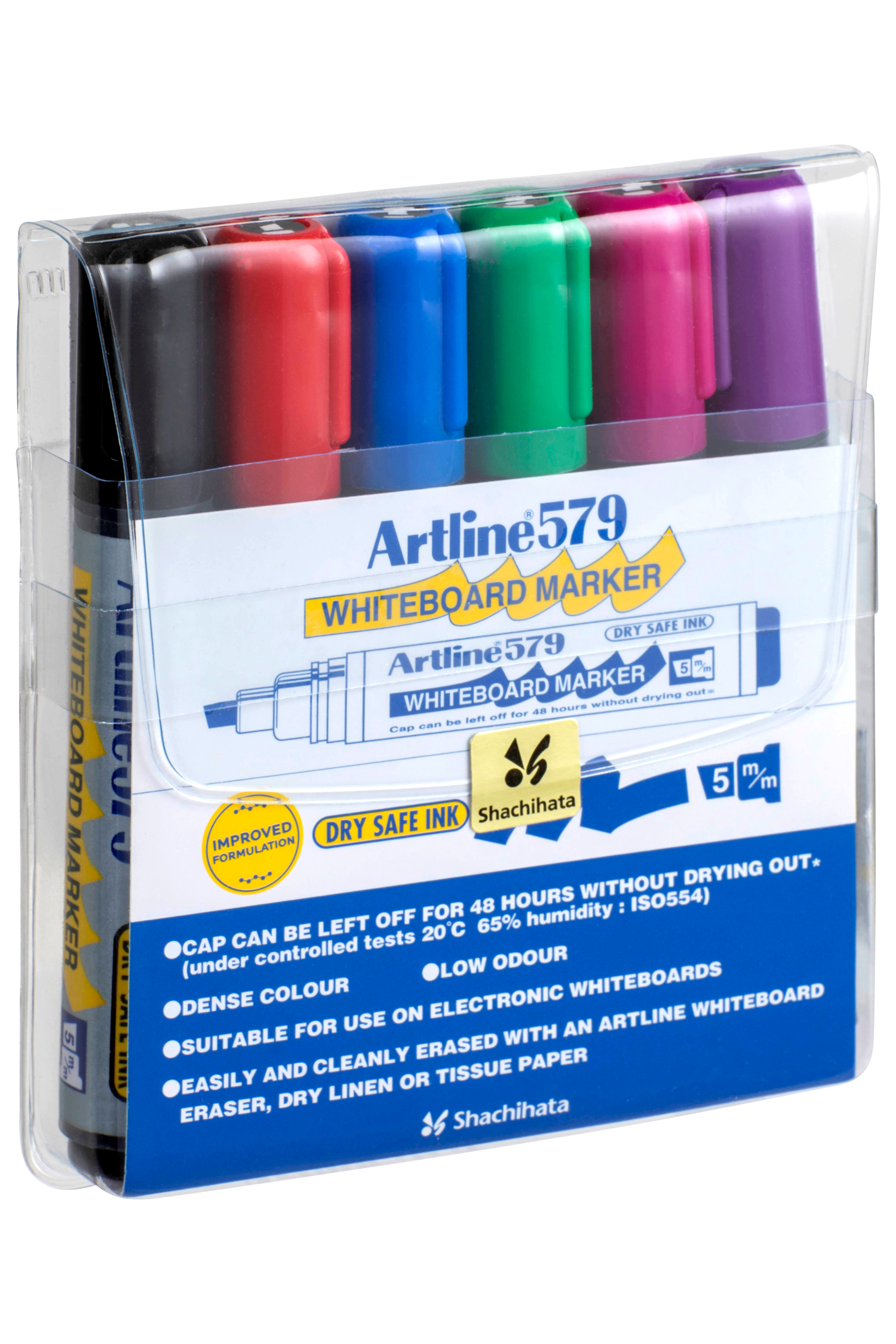 Artline 579 Whiteboard Markers - 6-Pack with 5mm Chisel Tip for Classroom, Office & Home Use - Dry Erase Markers for Whiteboards, Glass & Non-Porous Surfaces
