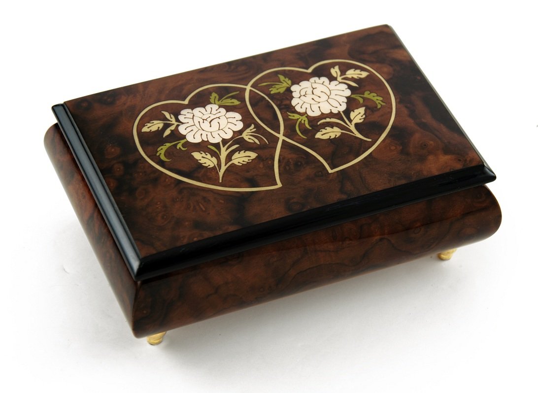 Harmonious 30-Note Wooden Musical Jewelry Box with Double Heart & White Roses Design - Plays Rachmaninoff's 18th Variation & Multiple Melodies - Perfect for Valentine's Gifts, Wedding Favors & Keepsake Storage