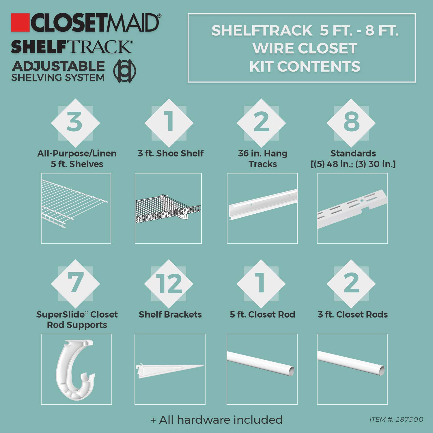 ClosetMaid ShelfTrack Adjustable Wire Closet Organizer System 5-8 Feet, White - Perfect for Bedroom, Closet & Home Storage Organization