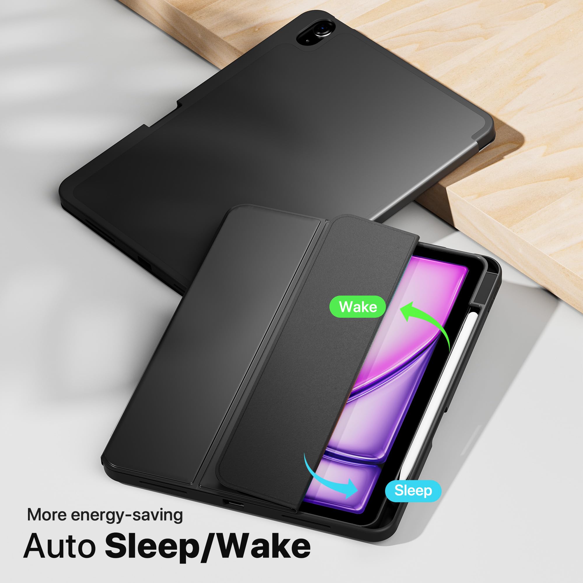 VAKS iPad Air 6th/5th/4th Generation Case 11 inch & 10.9 inch (2024/M2/2022/2020 Model) - Trifold Stand Smart Cover with Auto Wake/Sleep & Pencil Holder, Soft TPU Back Protective Case (Black) - Perfect for Work, Study & Travel