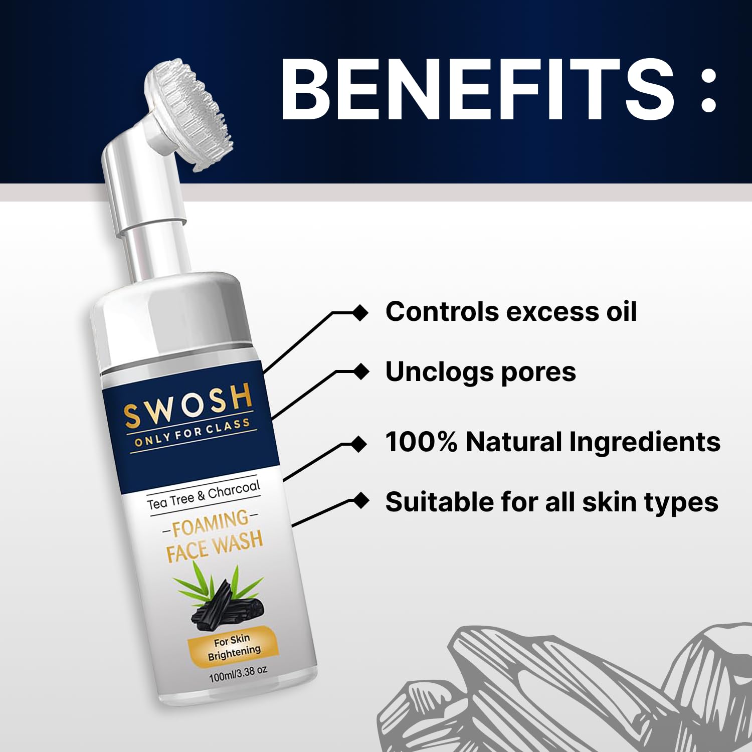 Swosh Activated Charcoal & Tea Tree Oil Face Wash 100ml with Built-in Silicone Brush | Deep Cleansing, Oil Control for Normal to Oily Skin - Gentle Exfoliating Facial Cleanser for Women & Men | Perfect for Daily Skincare Routine and Acne-Prone Skin