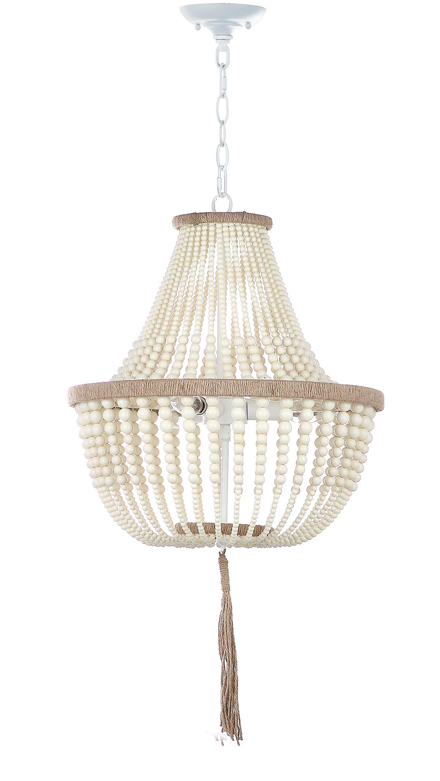 SAFAVIEH Lush Kristi Boho Farmhouse 17-inch 3-Light Adjustable Hanging Pendant Light with Beaded Tassel - Cream (LED Bulbs Included) | Perfect for Dining Room, Kitchen Island & Bedroom Lighting
