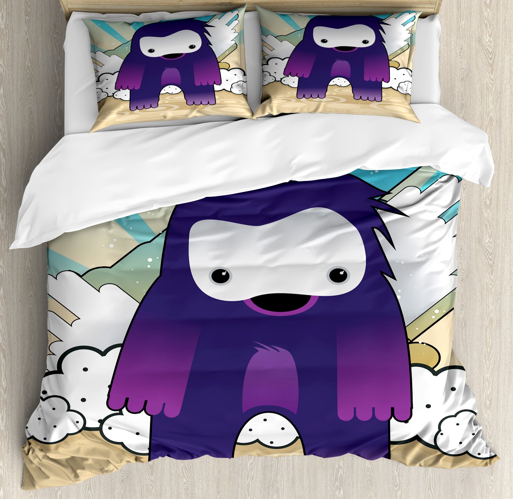 Ambesonne Anime Duvet Cover Set - Japanese Manga Monster Character on Abstract Retro Background, 3-Piece Queen Size Bedding with 2 Pillow Shams, Multicolor | Perfect for Anime Fans, Themed Bedrooms & Unique Home Decor