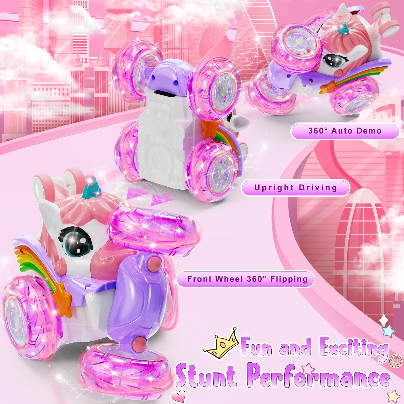 Unicorn Remote Control Car for Girls - 360° Rotating 4WD Stunt RC Toy with LED Lights, Rechargeable Battery - Perfect Birthday Gift for Kids Ages 3-8 | Indoor & Outdoor Play, Party Favors, STEM Learning Toy