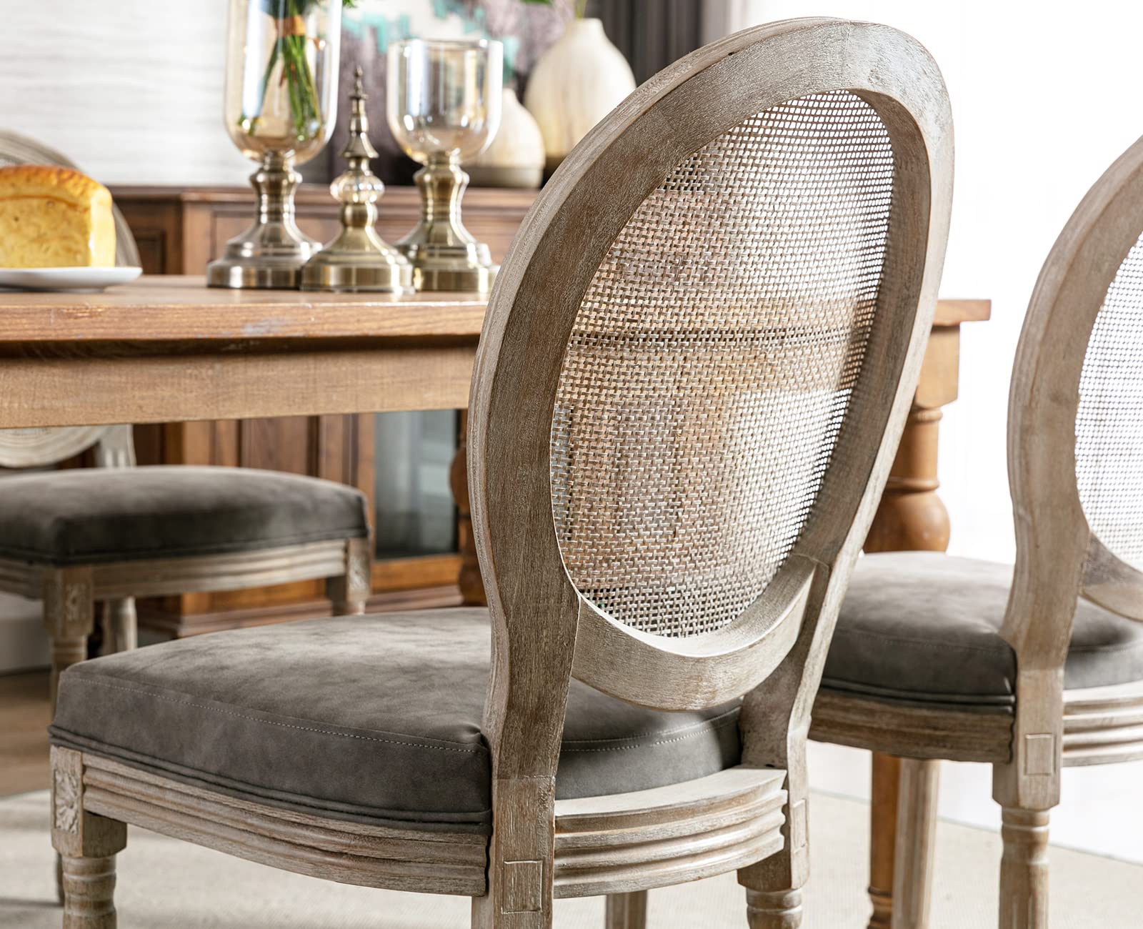 Premium PU Leather Dining Chairs with Rattan Round Back - Set of 2 Grey French Countryside Chairs for Kitchen, Living Room & Farmhouse Decor | Comfortable Seating for Family Meals & Entertaining Guests