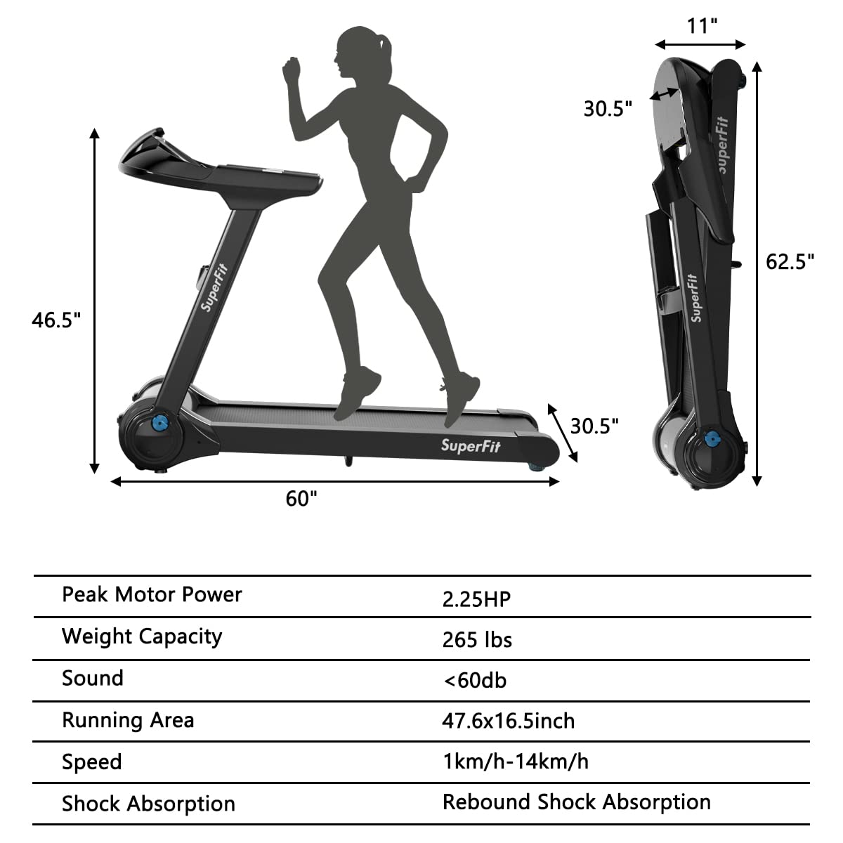 Goplus Folding Treadmill - Electric Portable Running Machine with Bluetooth Speaker, APP Control, 16.5