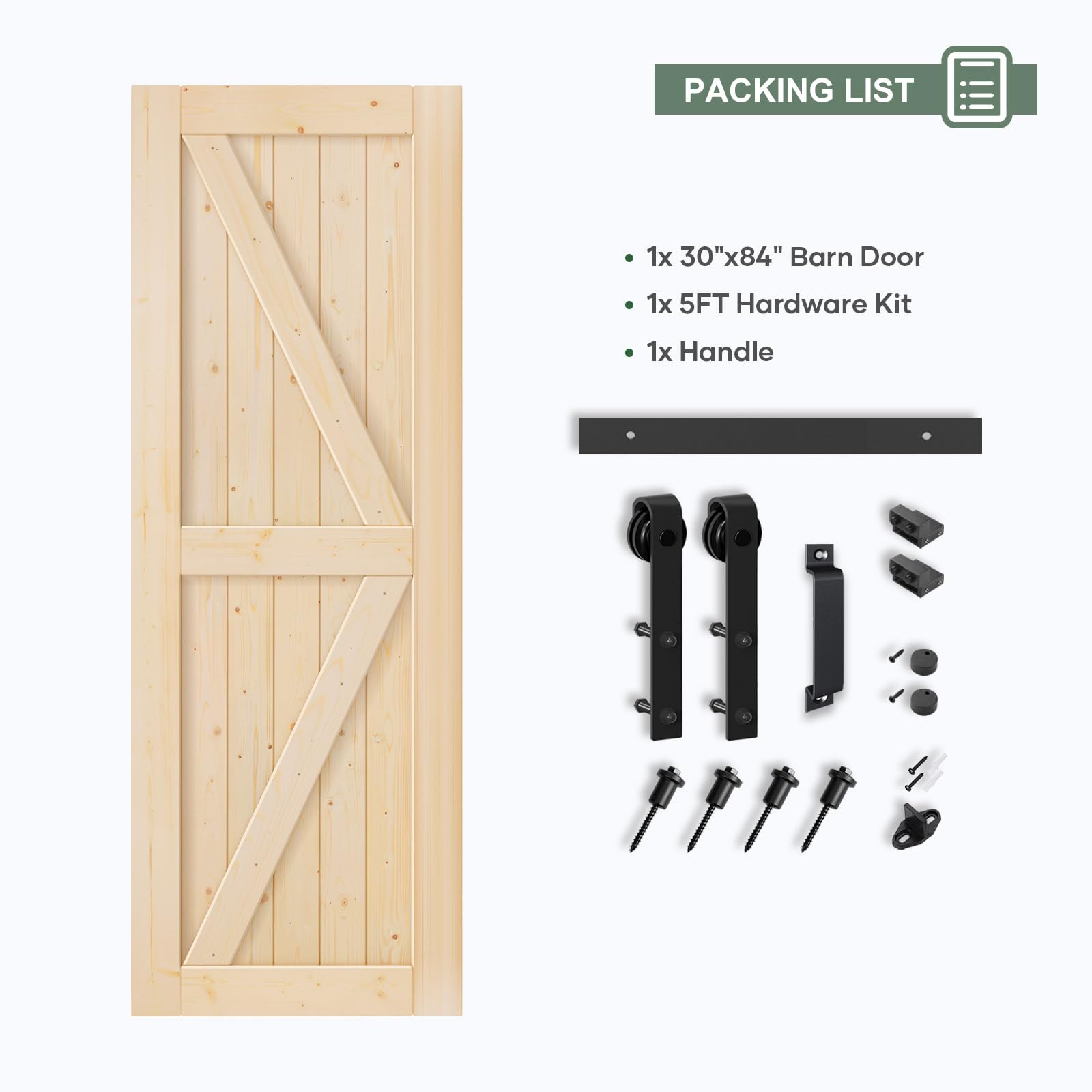30x84 Inch Rustic Sliding Barn Wood Door Slab with 5ft Heavy-Duty Hardware Kit - Easy DIY Installation for Farmhouse, Loft & Industrial Style Homes - Perfect for Bedrooms, Closets, Pantries & Room Dividers