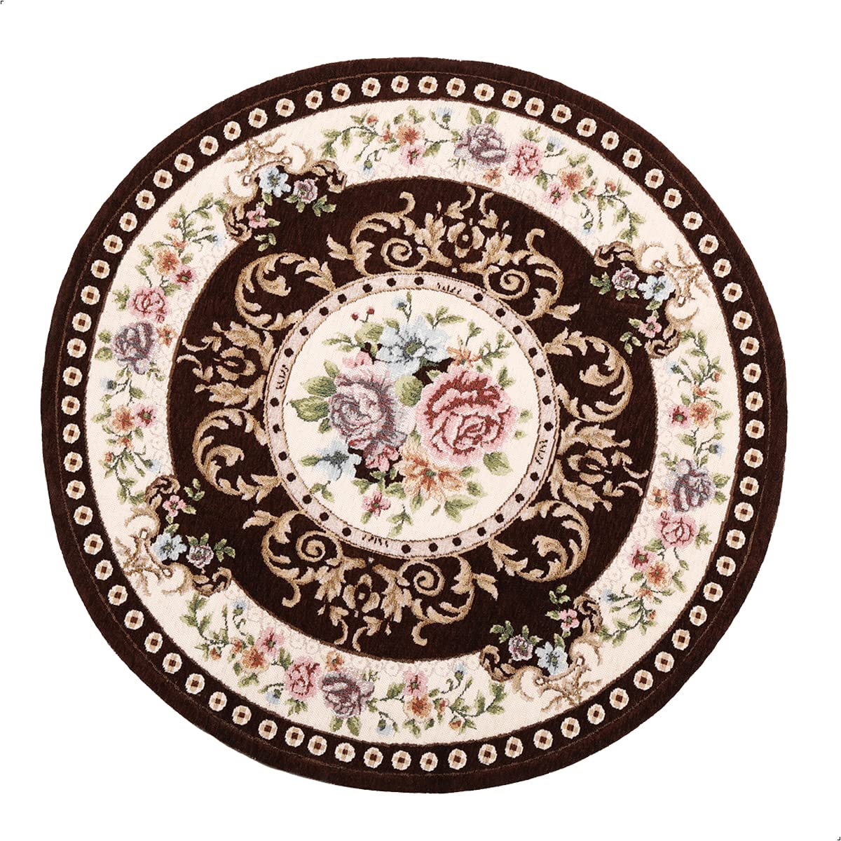 Tyrafry 3ft Floral Round Non-Slip Area Rug - Machine Washable Traditional Brown Rug for Living Room, Kitchen, Bedroom & Dorm - Soft Durable Floor Mat for Home Decor