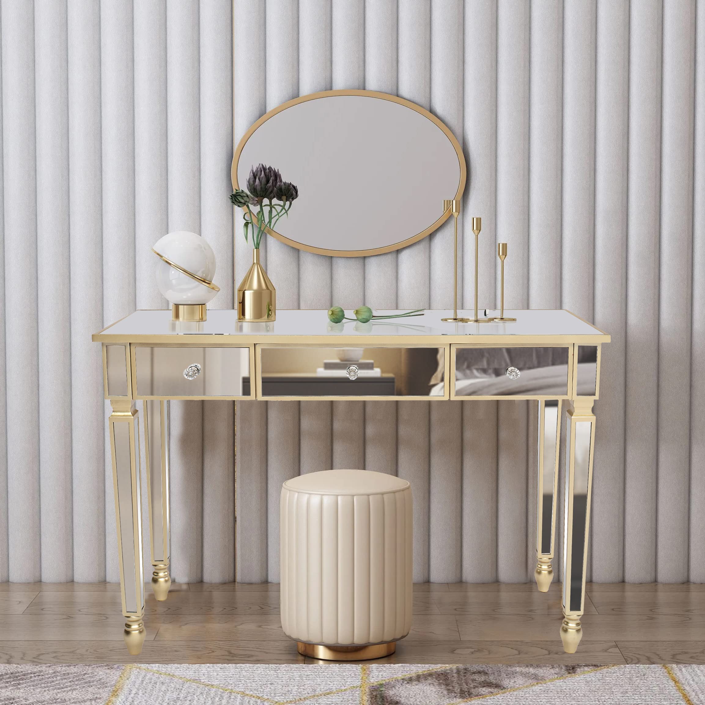 Modern Silver Vanity Desk with Storage & Glass Top - Elegant Mirrored Makeup Table for Women & Girls, Perfect for Bedroom, Dressing Room & Home Decor